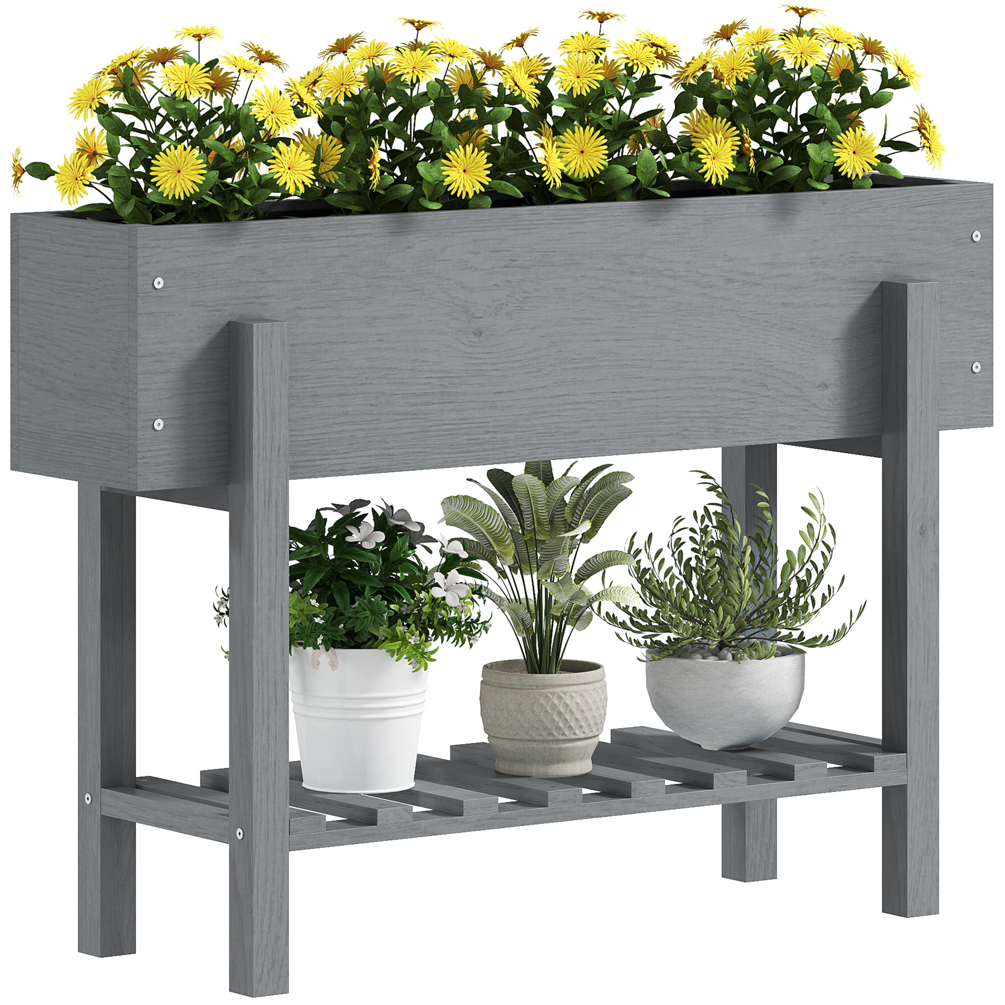 Fioriera in legno grigio con fiori gialli e piante su un supporto in legno grigio.
