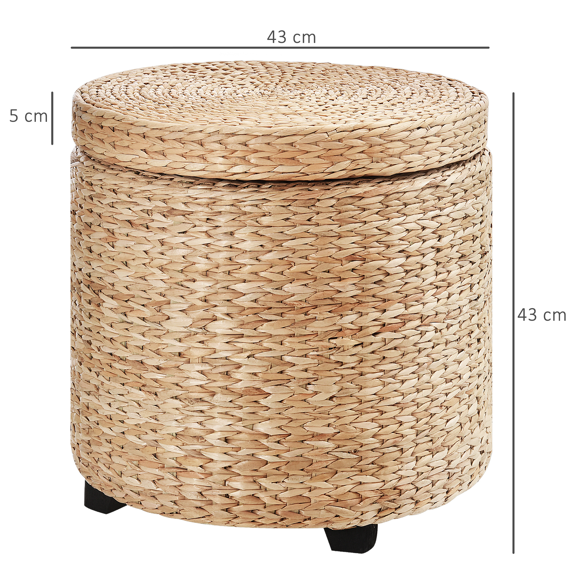 Un pouf contenitore rotondo in vimini intrecciato con coperchio. Le dimensioni sono indicate.