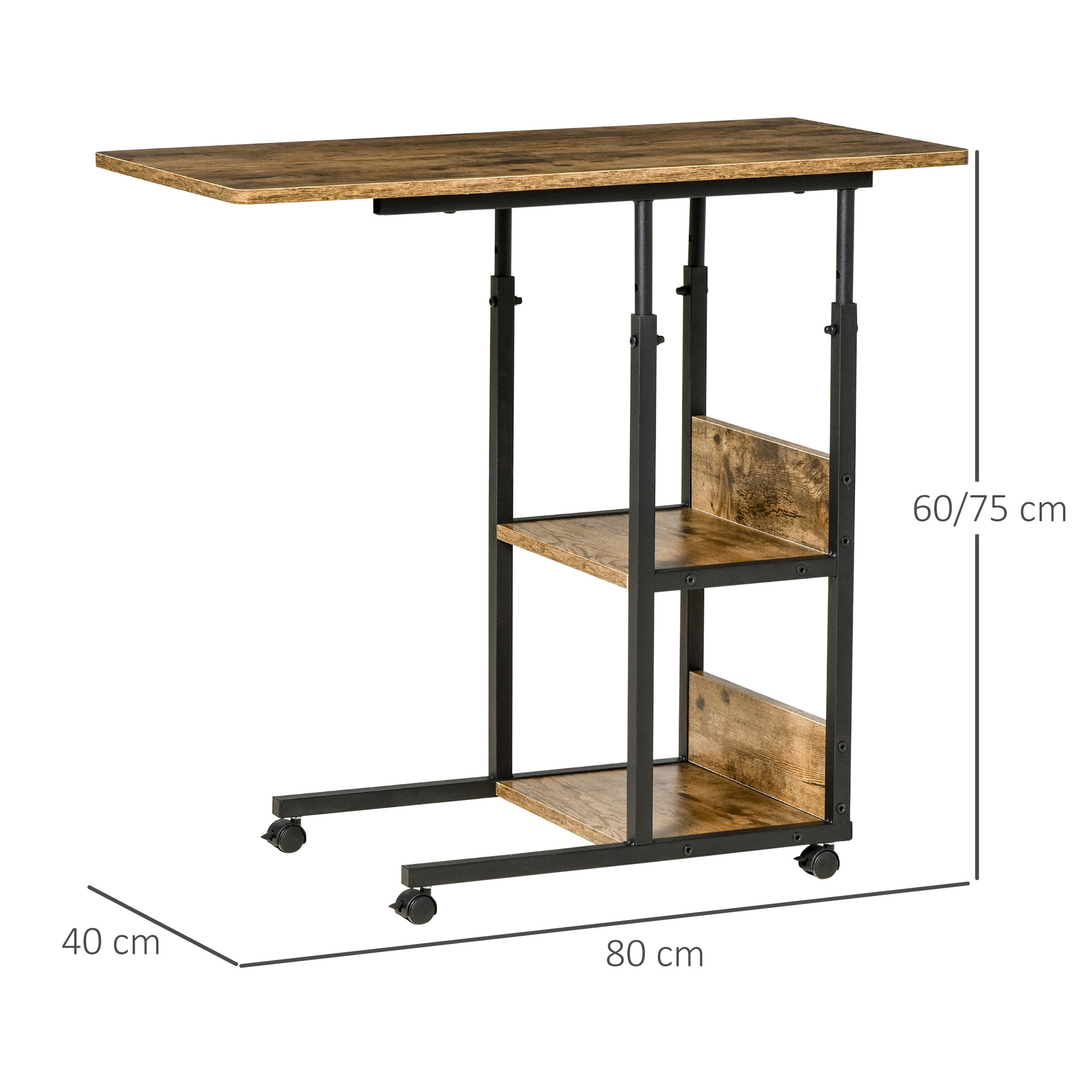 Tavolo portatile con rotelle con piano in legno e telaio nero. Dimensioni: 60/75 cm altezza, 80 cm lunghezza.
