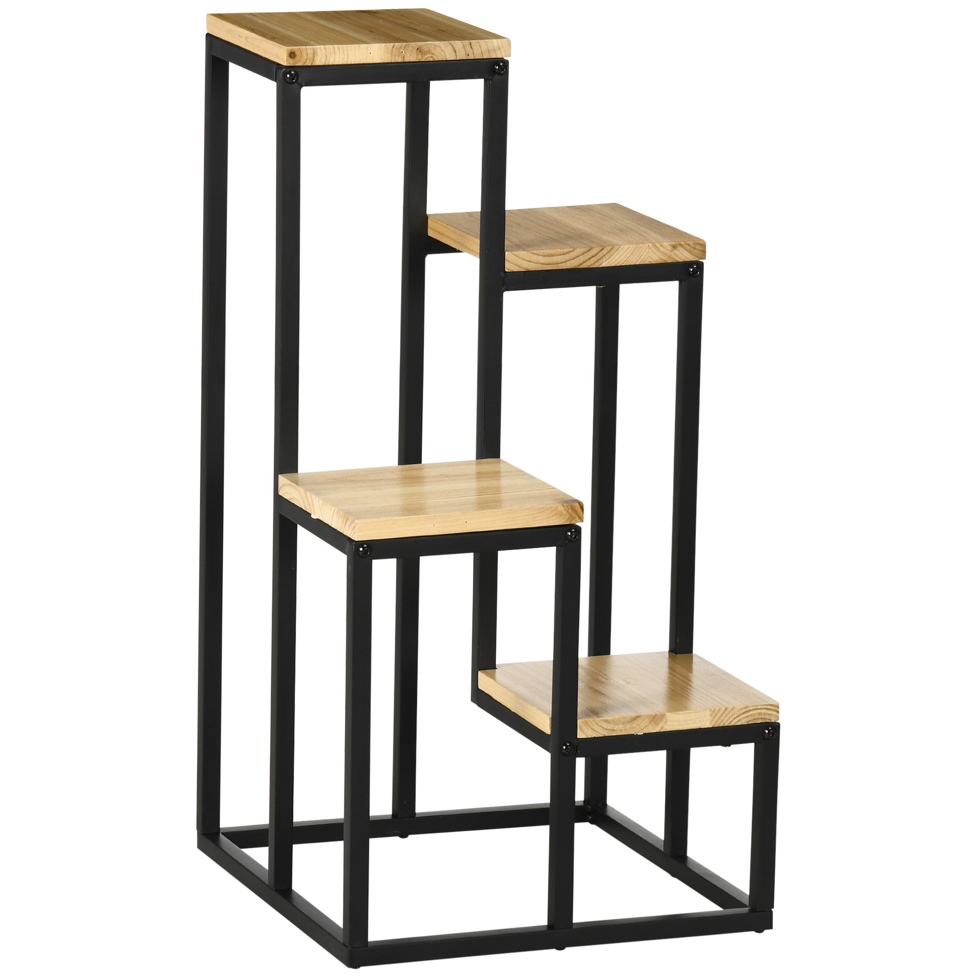 Portapiante con quattro piattaforme in legno e un telaio in metallo nero.