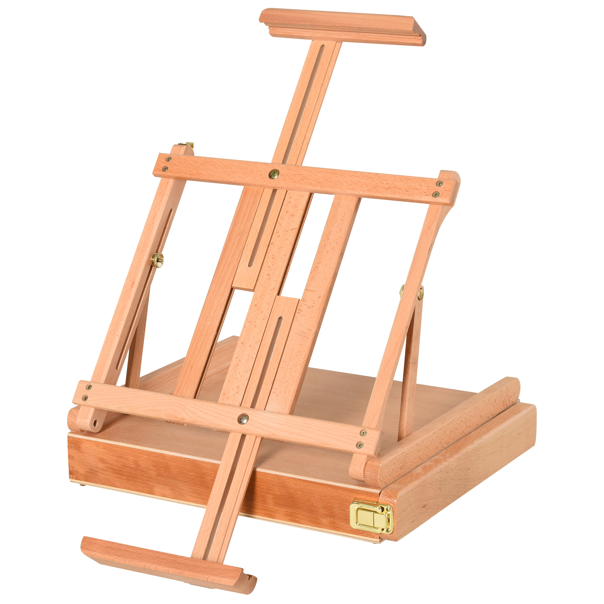 Un cavalletto in legno per artisti, aperto e pronto all'uso, con un cassetto sottostante.