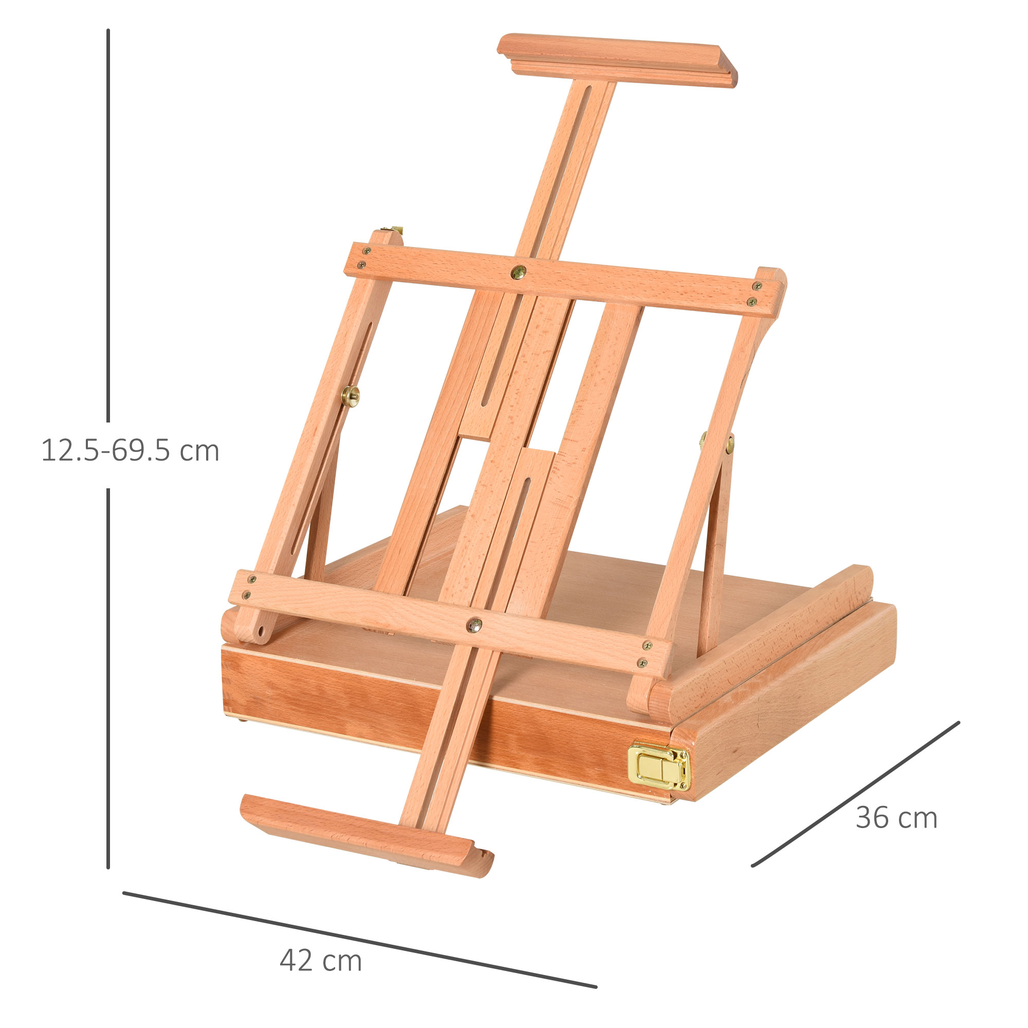 Un cavalletto in legno per artisti con misure. Ha un cassetto in basso.