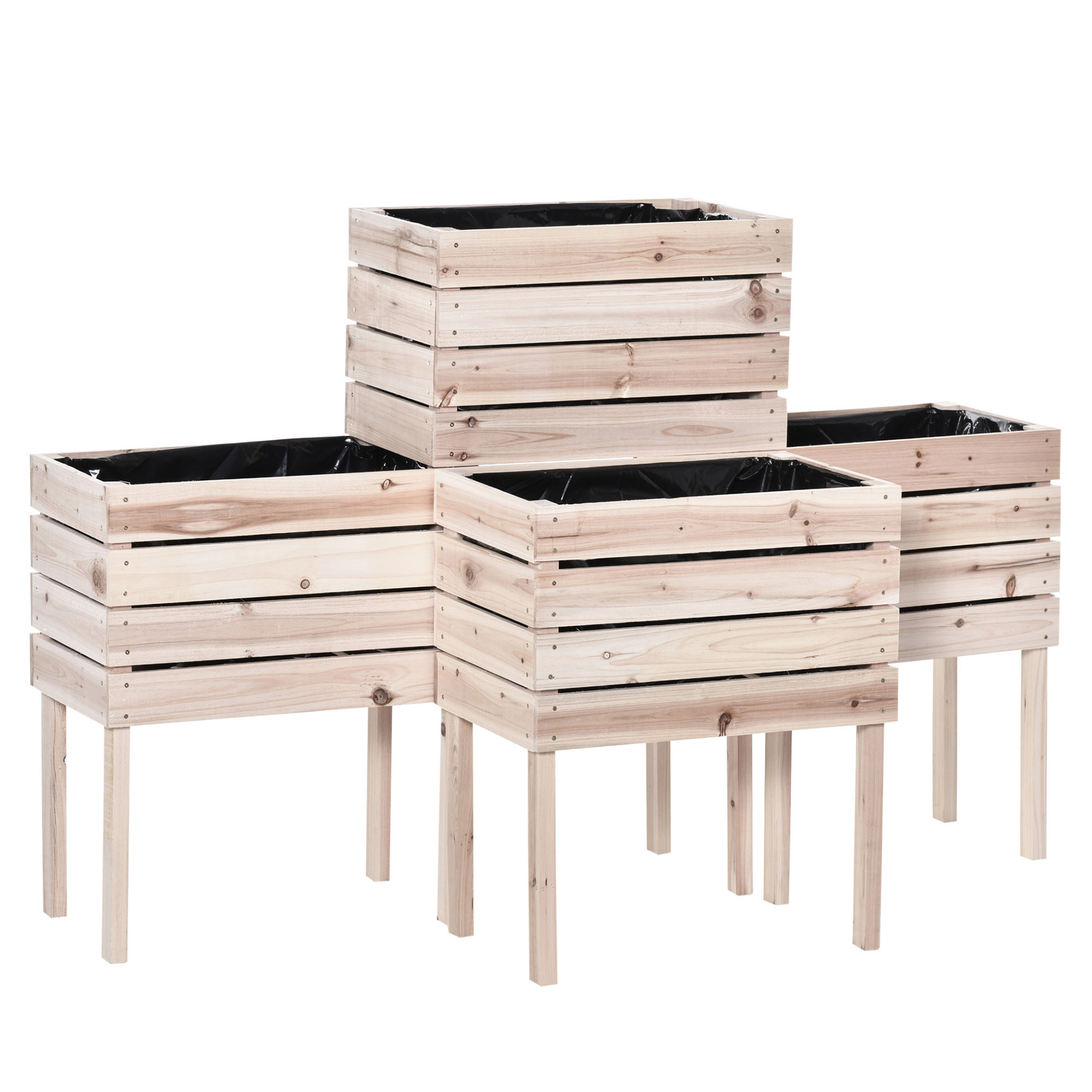 Quattro aiuole rialzate in legno su gambe. Sono rettangolari e vuote.