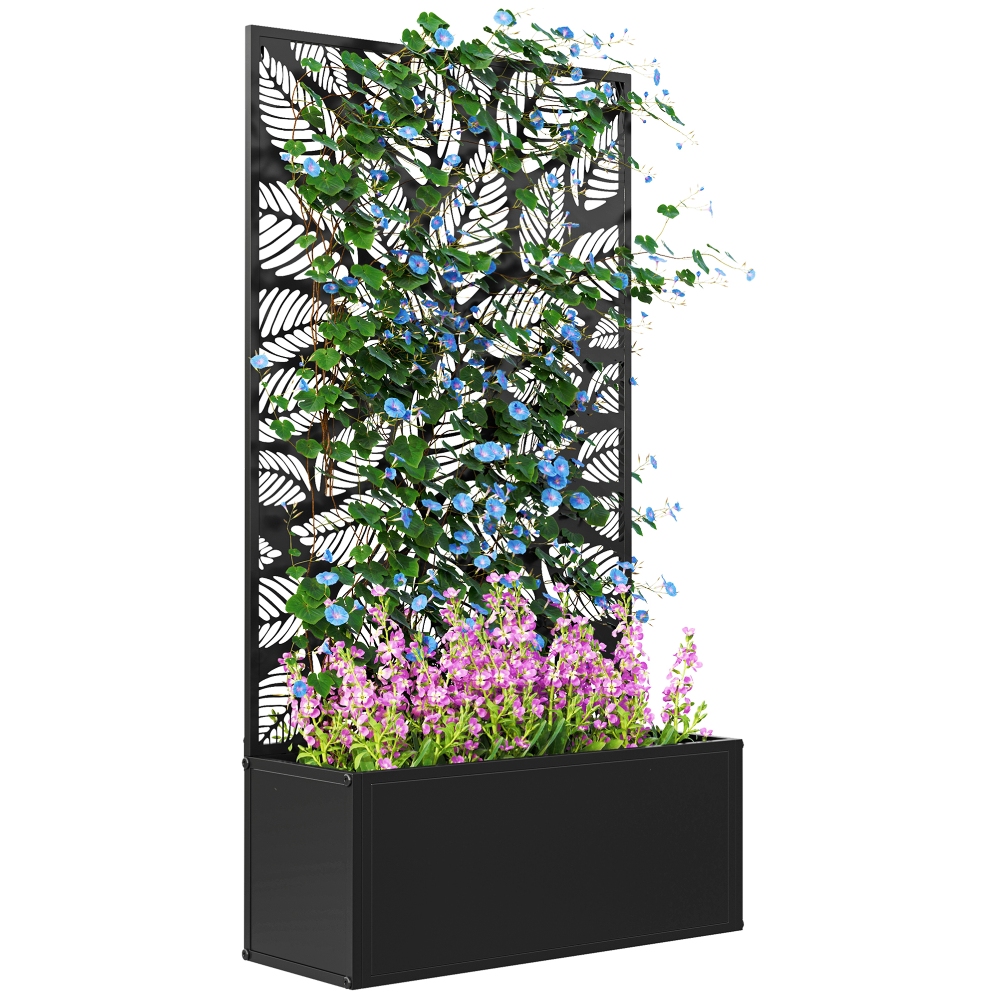 Un separé per piante in metallo nero con un design a foglie, con fiori e viti colorate.
