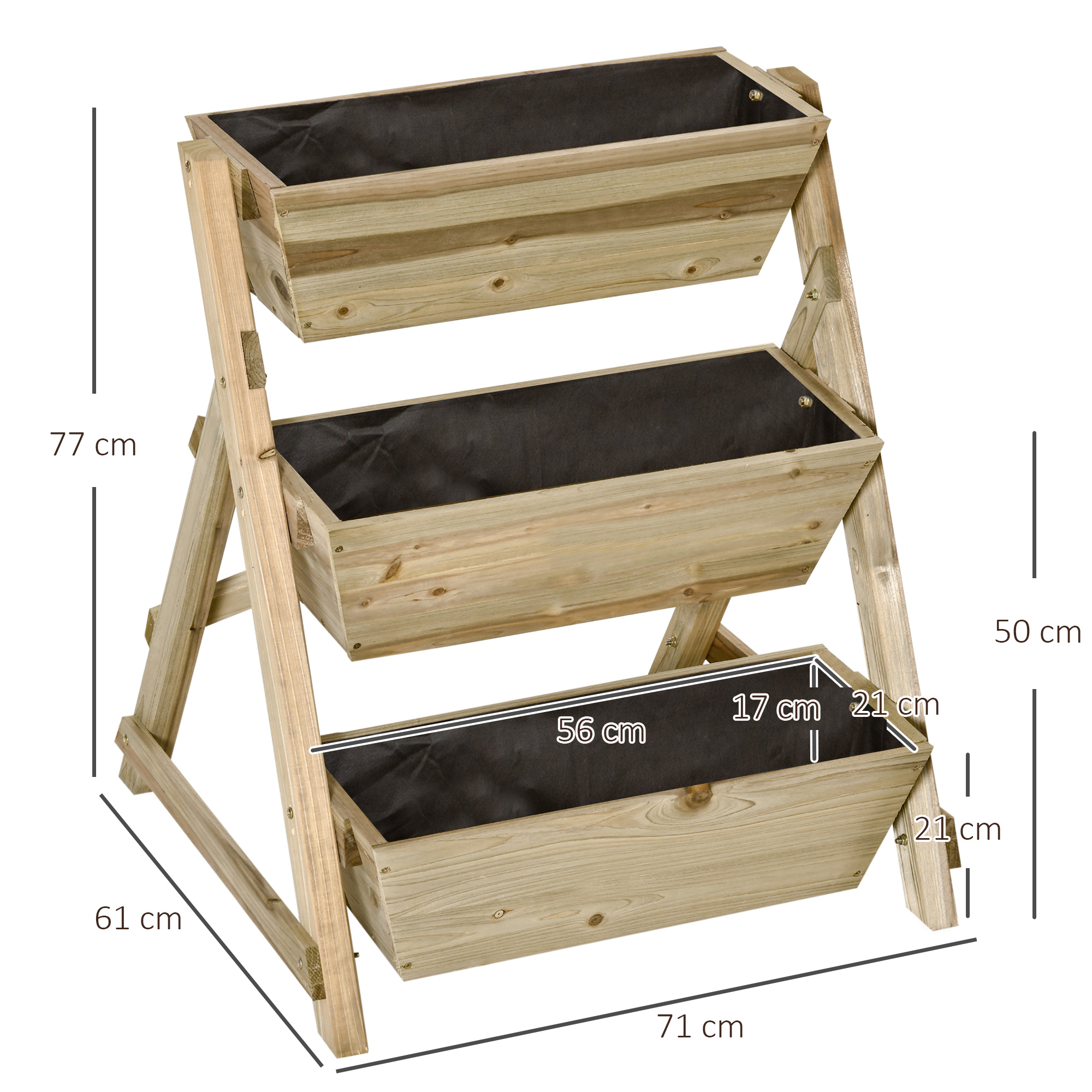 Soporte para plantas de madera con tres niveles. Cada nivel tiene una maceta negra, se muestran las dimensiones.