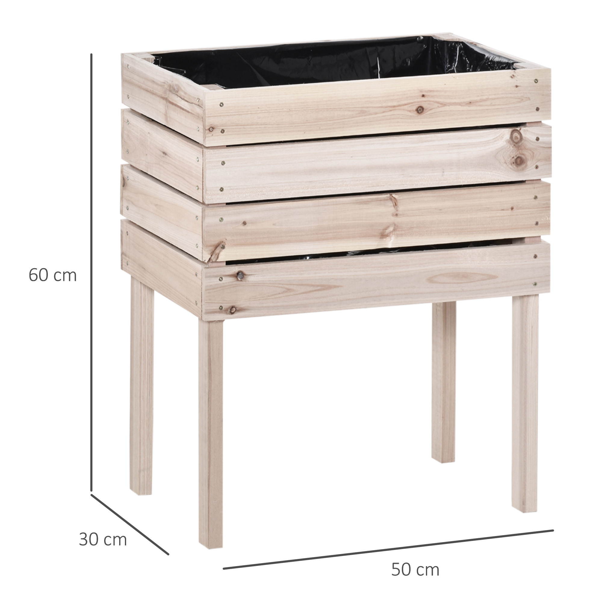 Fioriera in legno con gambe. La fioriera è riempita di plastica nera, pronta per le piante.