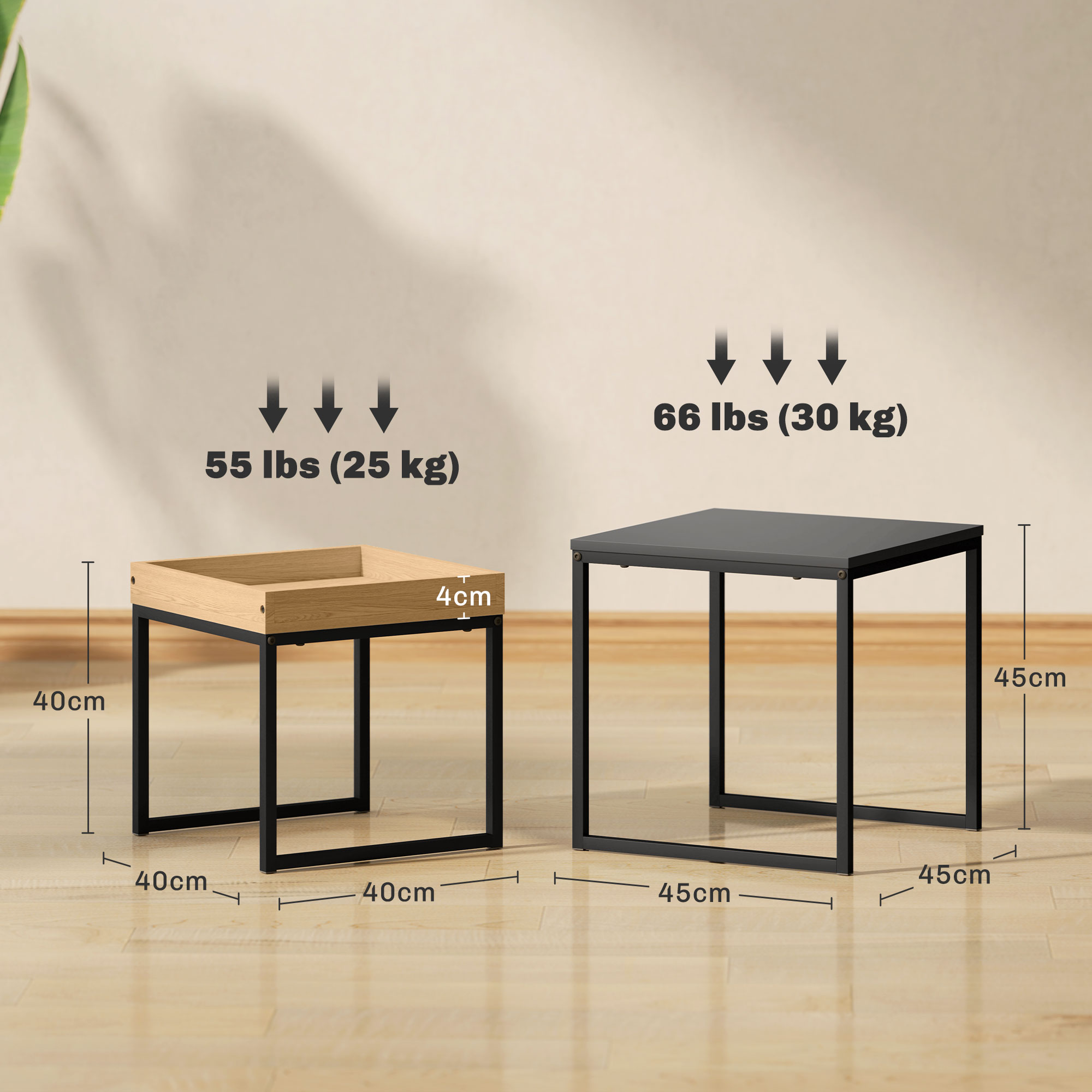 Due piccoli tavoli neri con piani in legno. Uno mostra una capacità di peso di 55 libbre, l'altro 66 libbre.