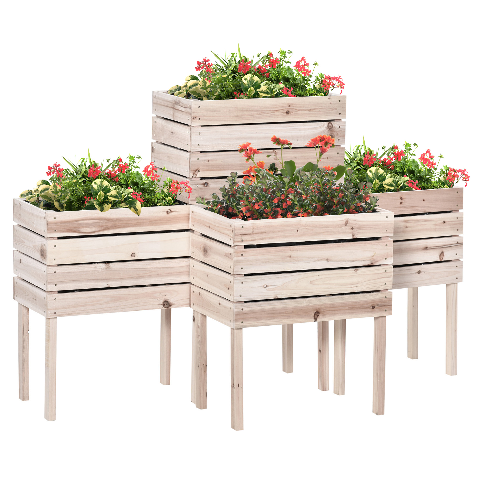 Quattro fioriere in legno con fiori. Hanno un colore legno chiaro e sono su gambe.