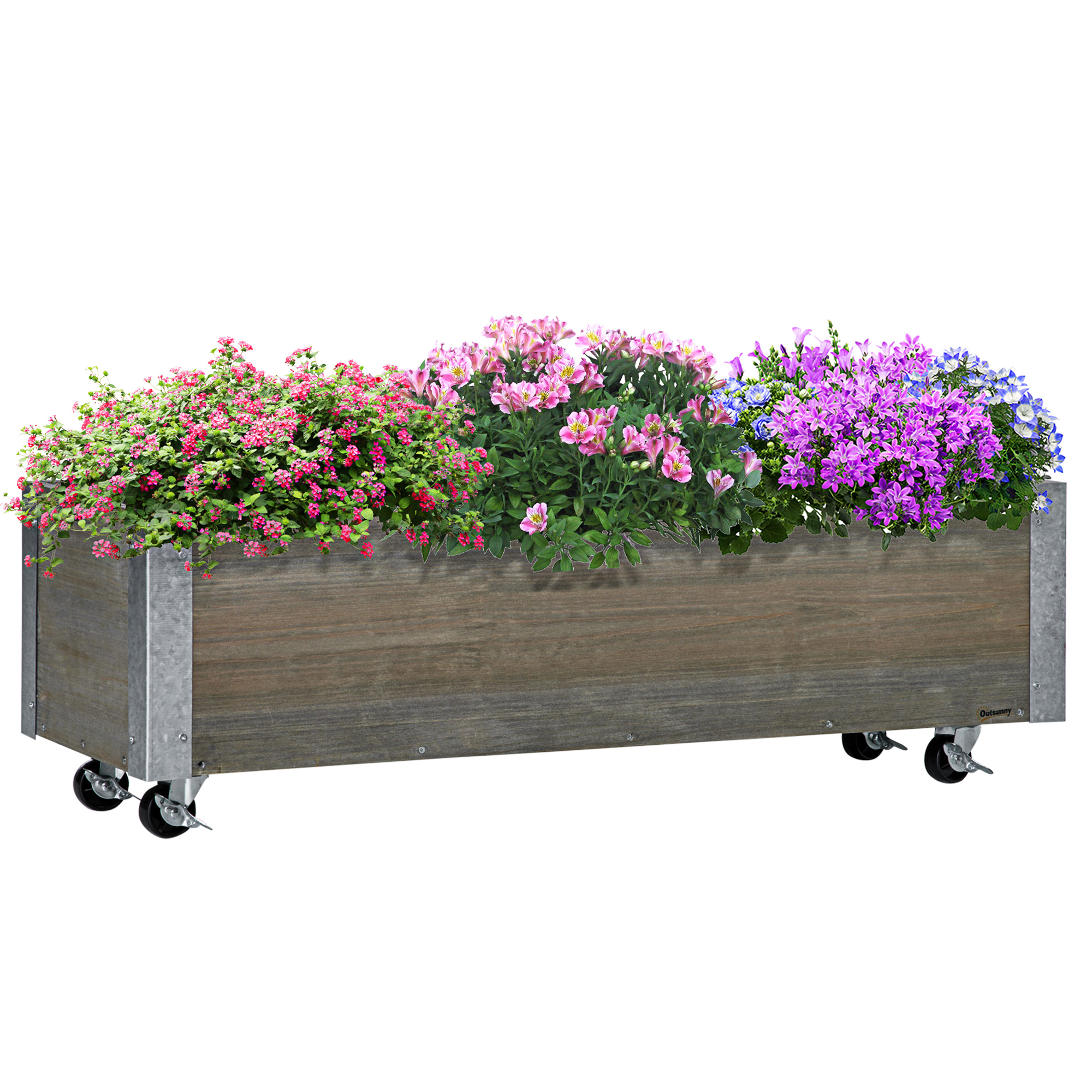 Fioriera in legno con vari fiori colorati e ruote.