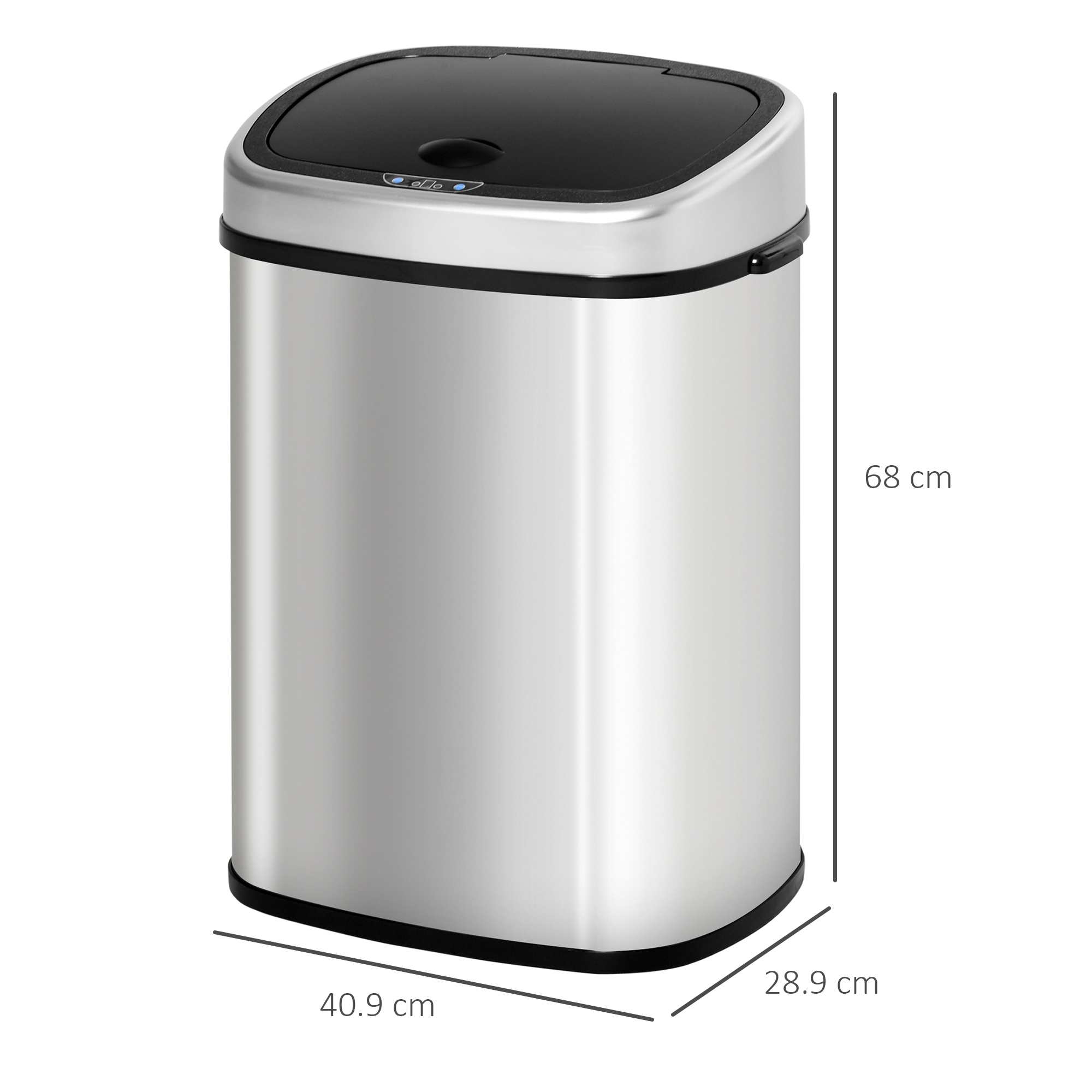Bidone della spazzatura argento con coperchio nero. Dimensioni indicate. 40,9 x 28,9 x 68 cm.