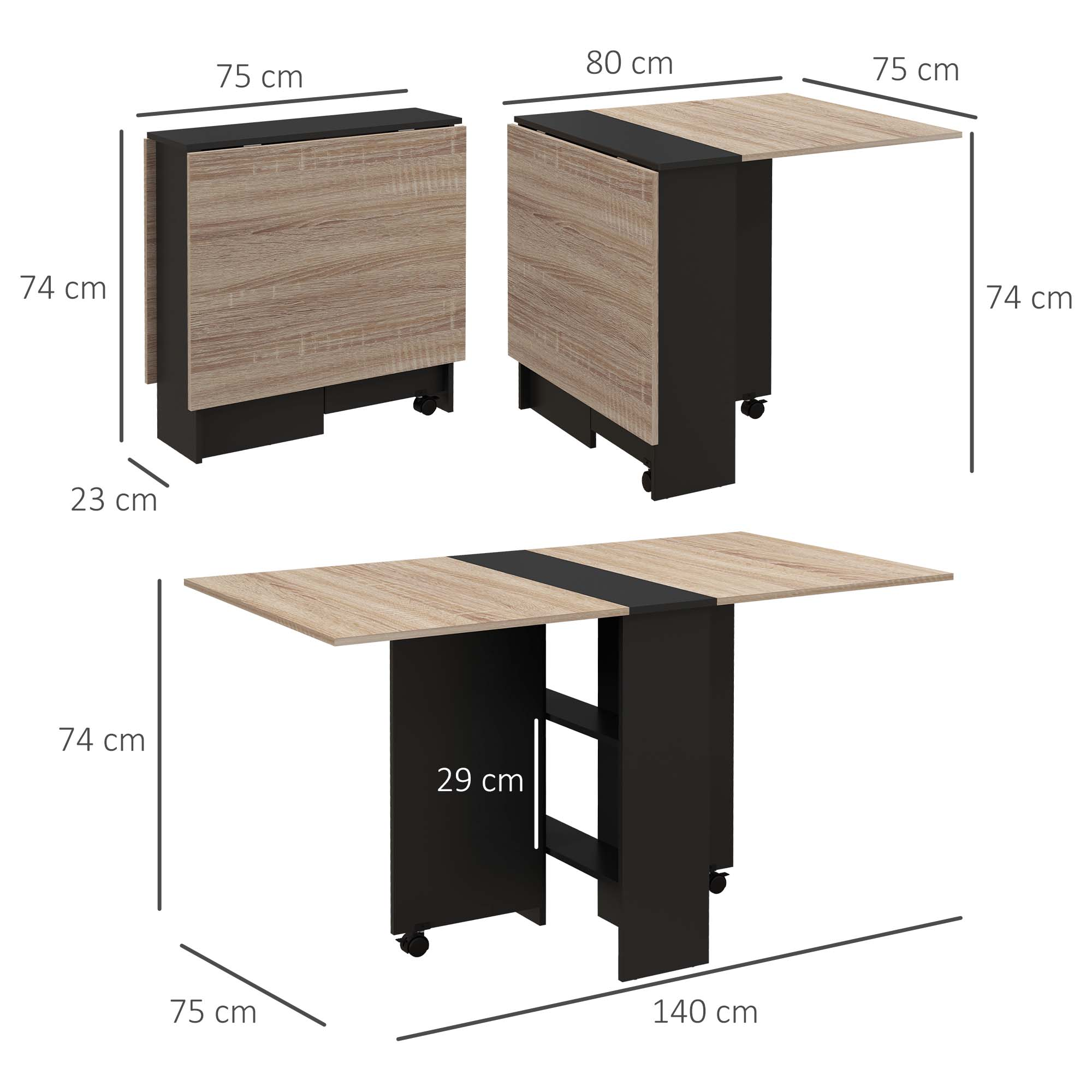 Un tavolo pieghevole con piano in legno e telaio nero, mostrato piegato, semichiuso e completamente aperto.