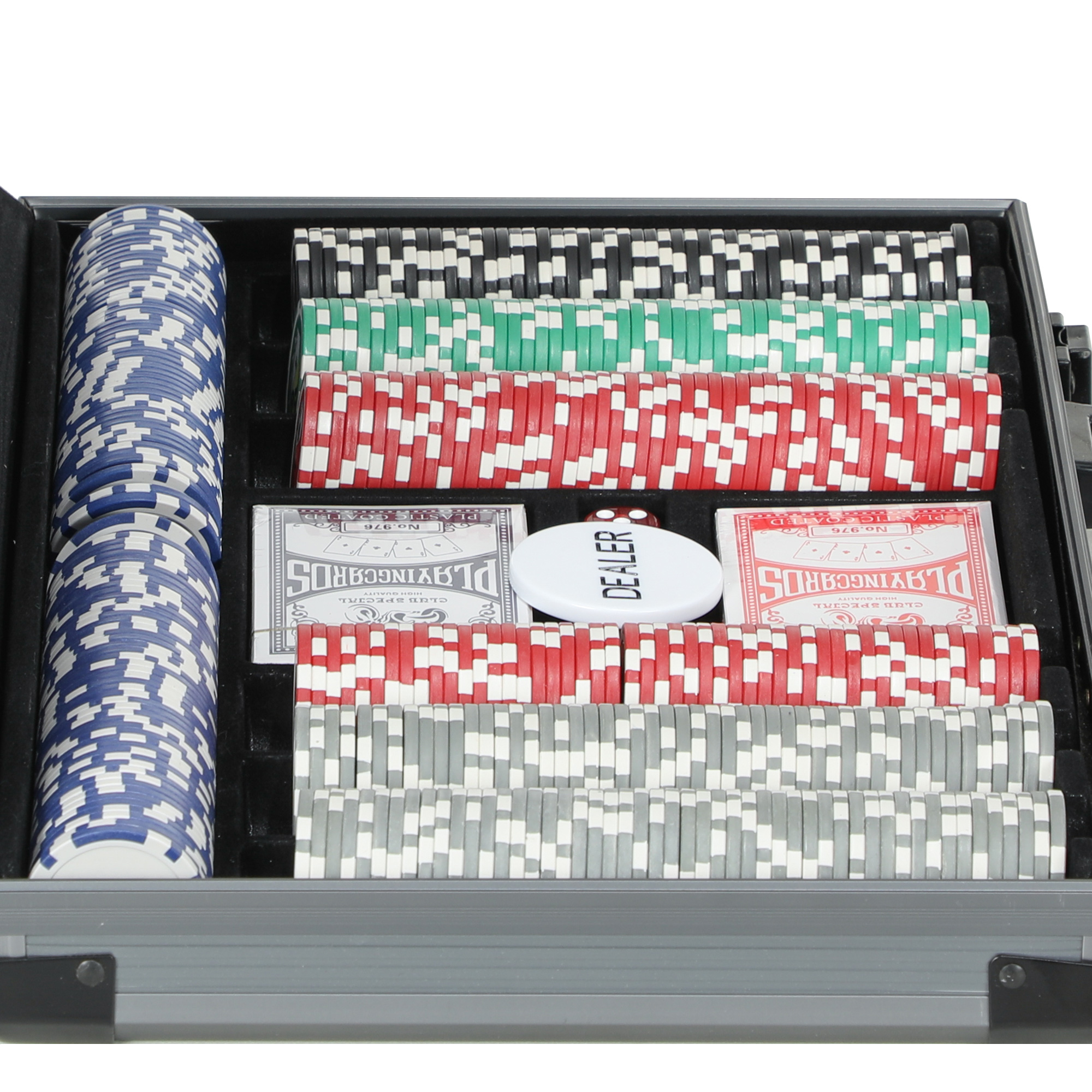 Ein Pokerset in einem silbernen Koffer, das Chips, Karten und einen Dealer-Button enthält.