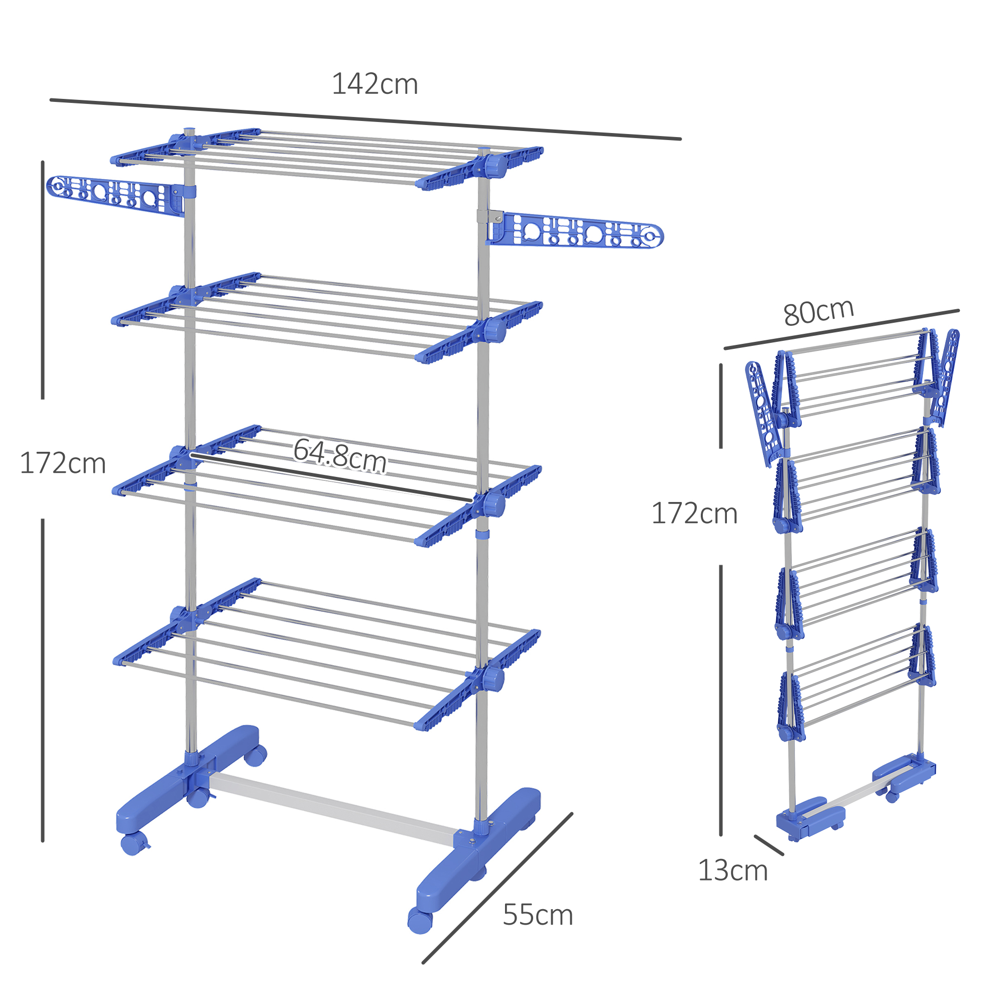 Uno stendibiancheria blu e bianco, con dimensioni etichettate.