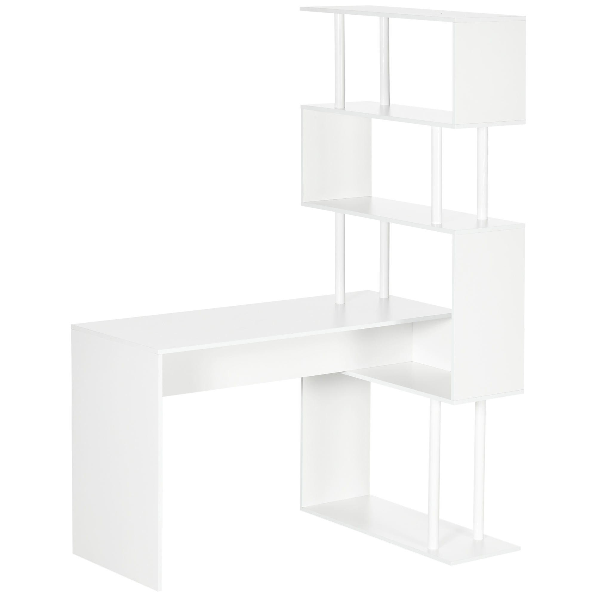 Una scrivania bianca con una libreria laterale, isolata su bianco. Design pulito e moderno.