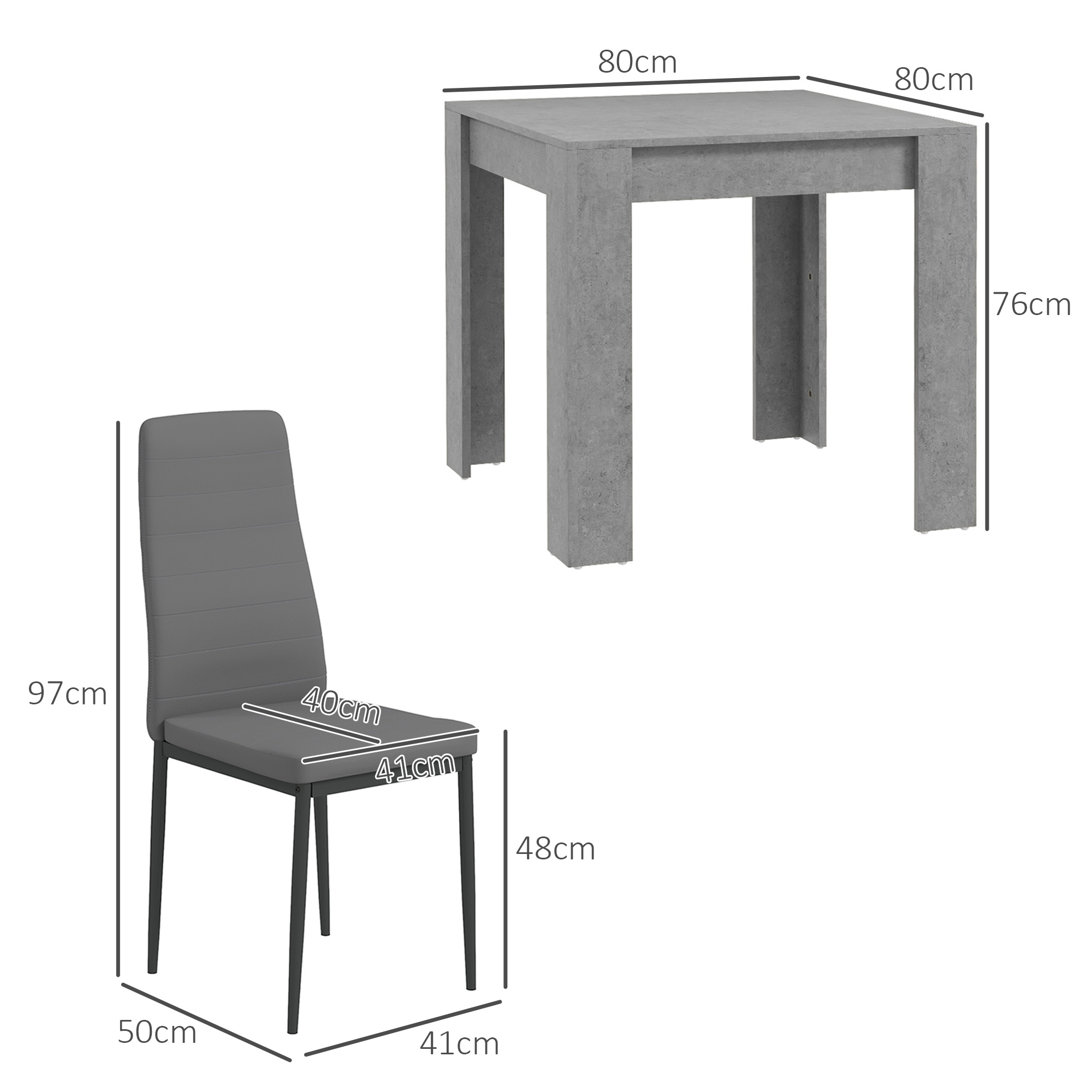 Un set tavolo e sedia grigio. Il tavolo è quadrato, la sedia ha seduta e schienale imbottiti.