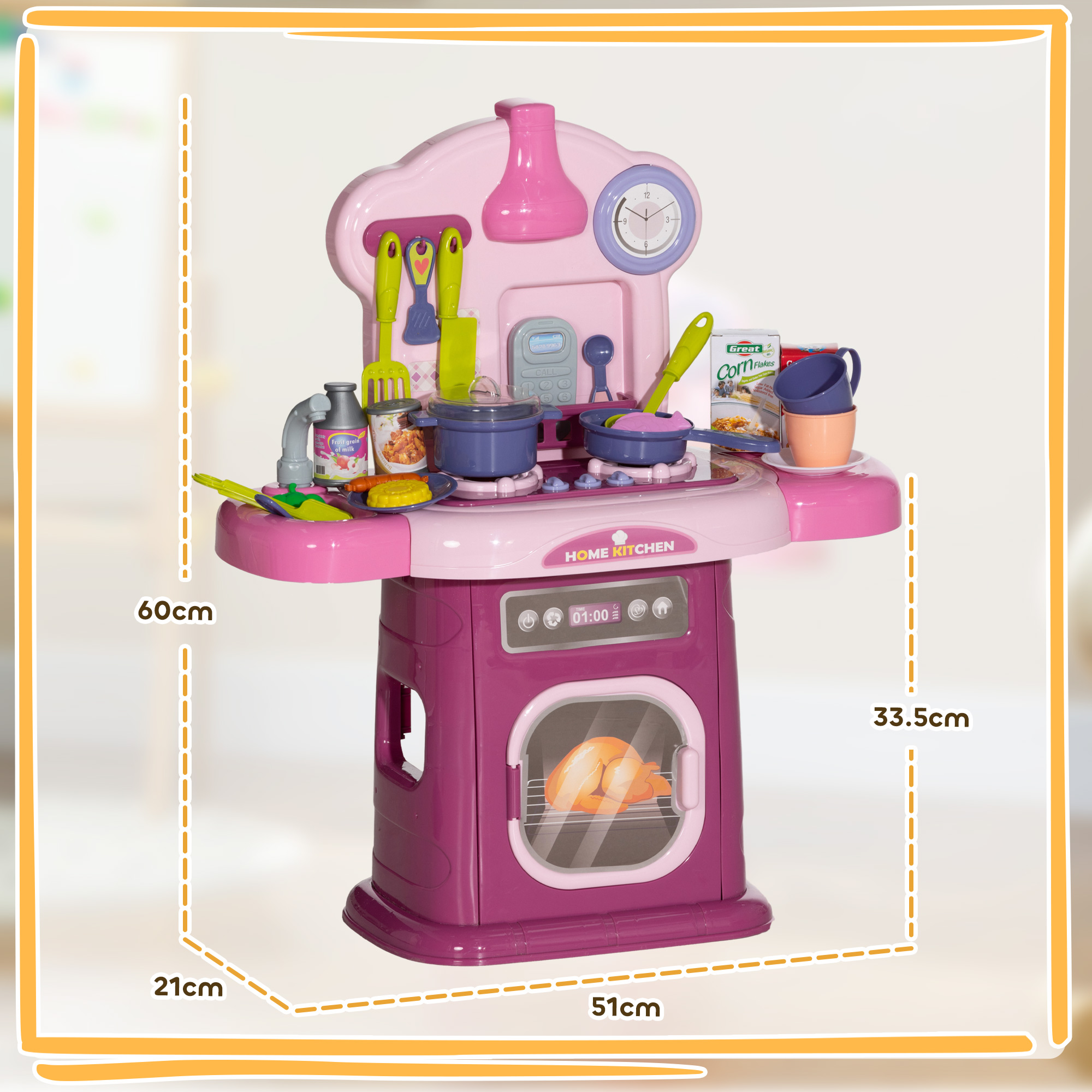 Una cucina giocattolo rosa con accessori e dimensioni.