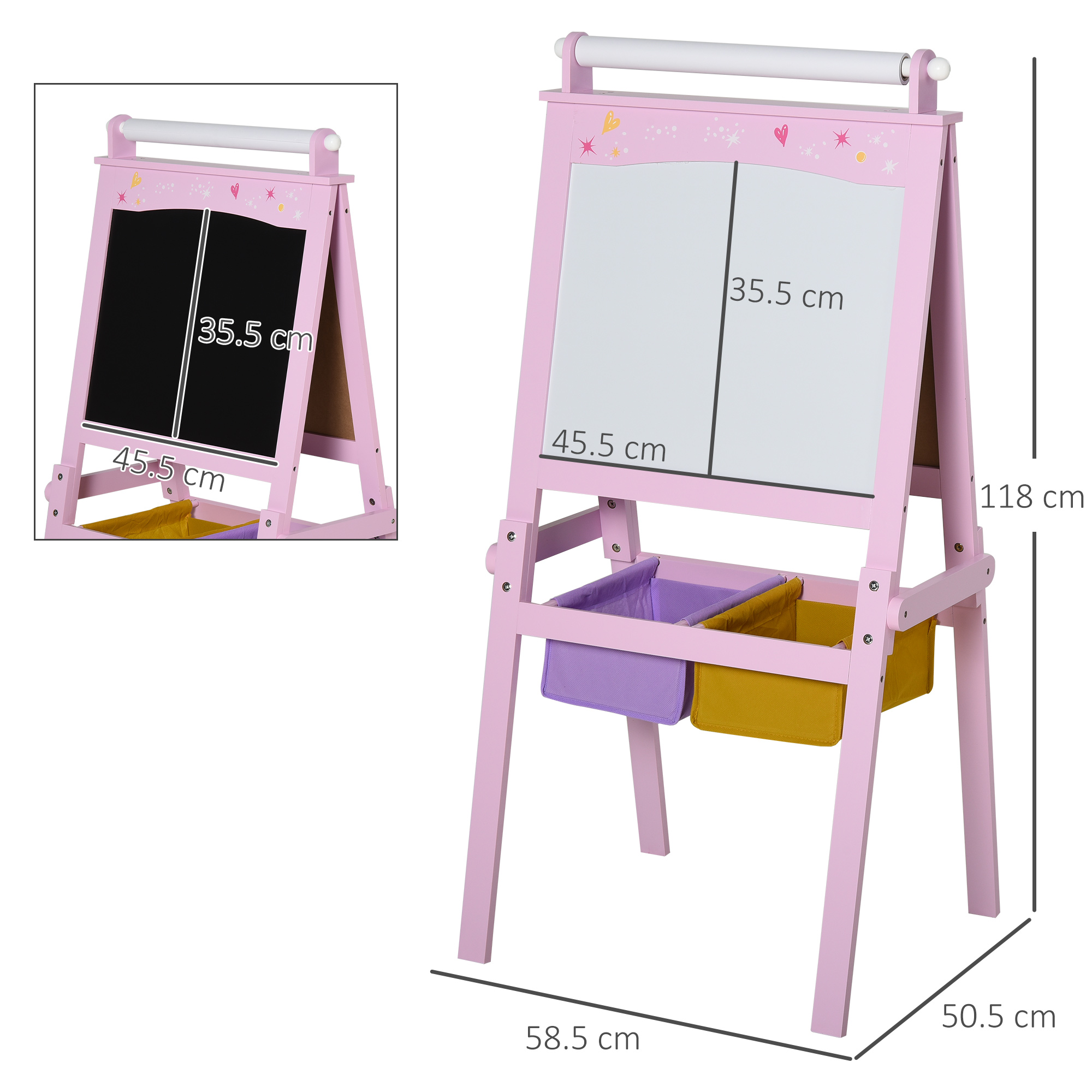 Un cavalletto rosa per bambini con dimensioni. Ha una lavagna, una lavagna bianca e contenitori.
