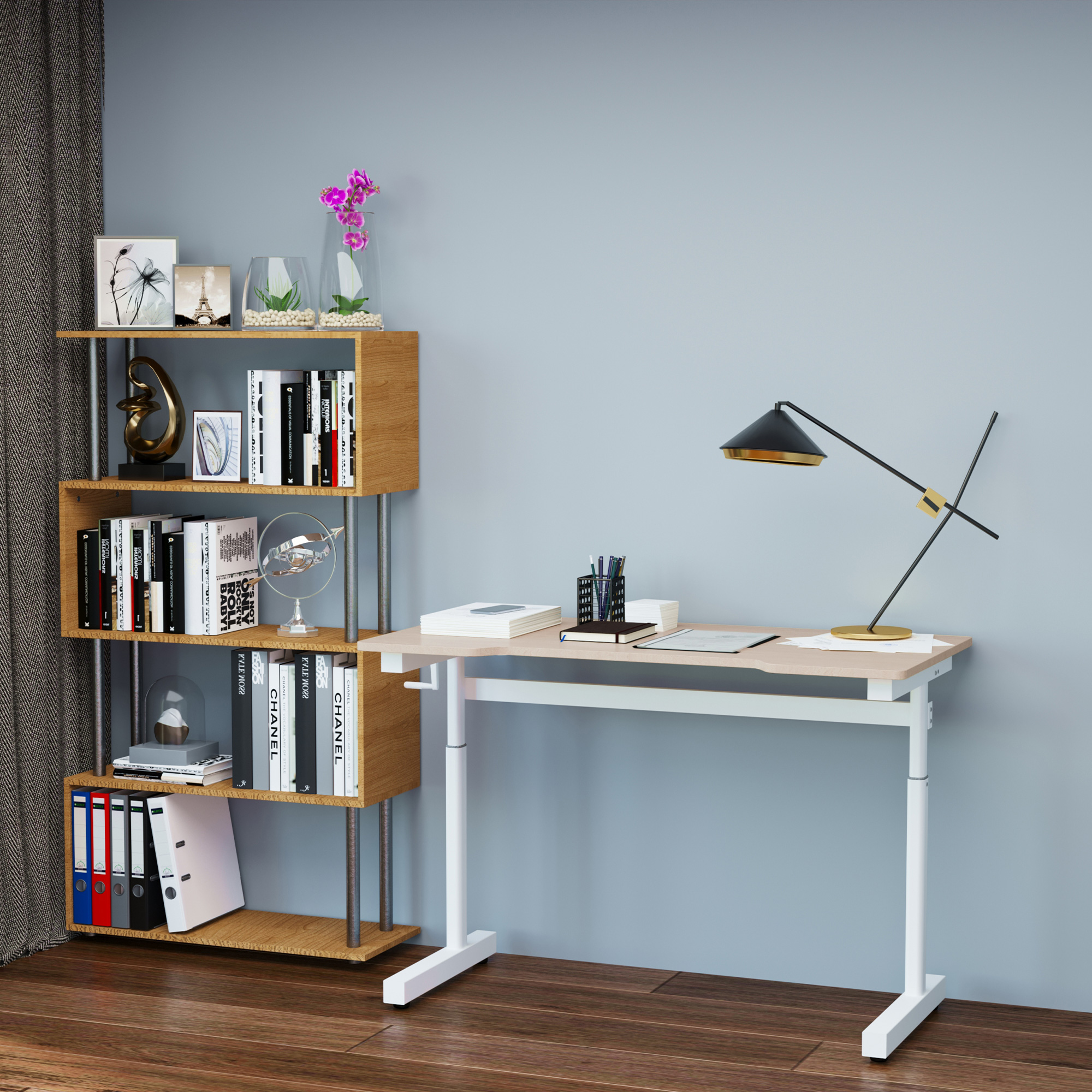 Escritorio con estantería, libros y decoración en suelo de madera.