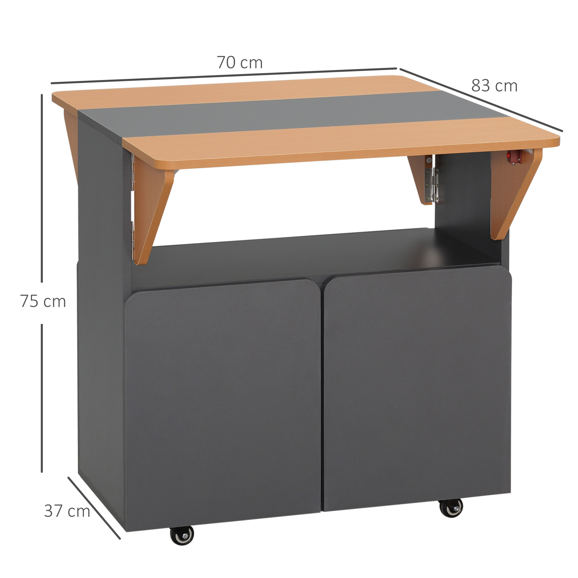 Tavolo pieghevole grigio e color legno con ruote e vano portaoggetti, dimensioni visibili.