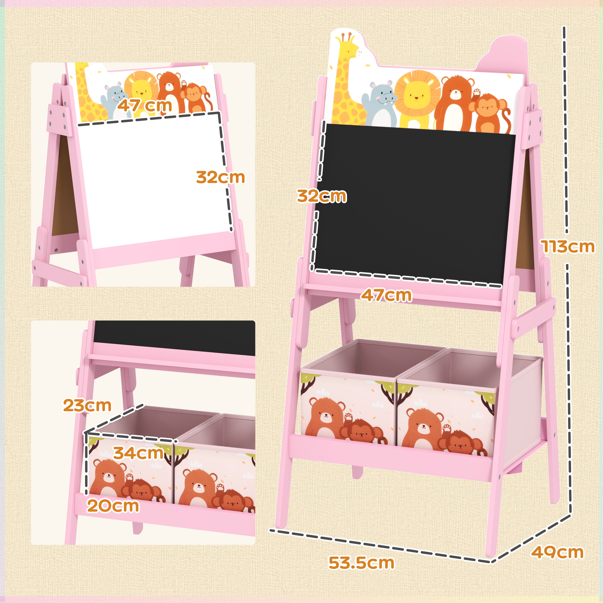 Un cavalletto rosa per bambini con una lavagna bianca e una lavagna nera, con illustrazioni di animali sul lato.