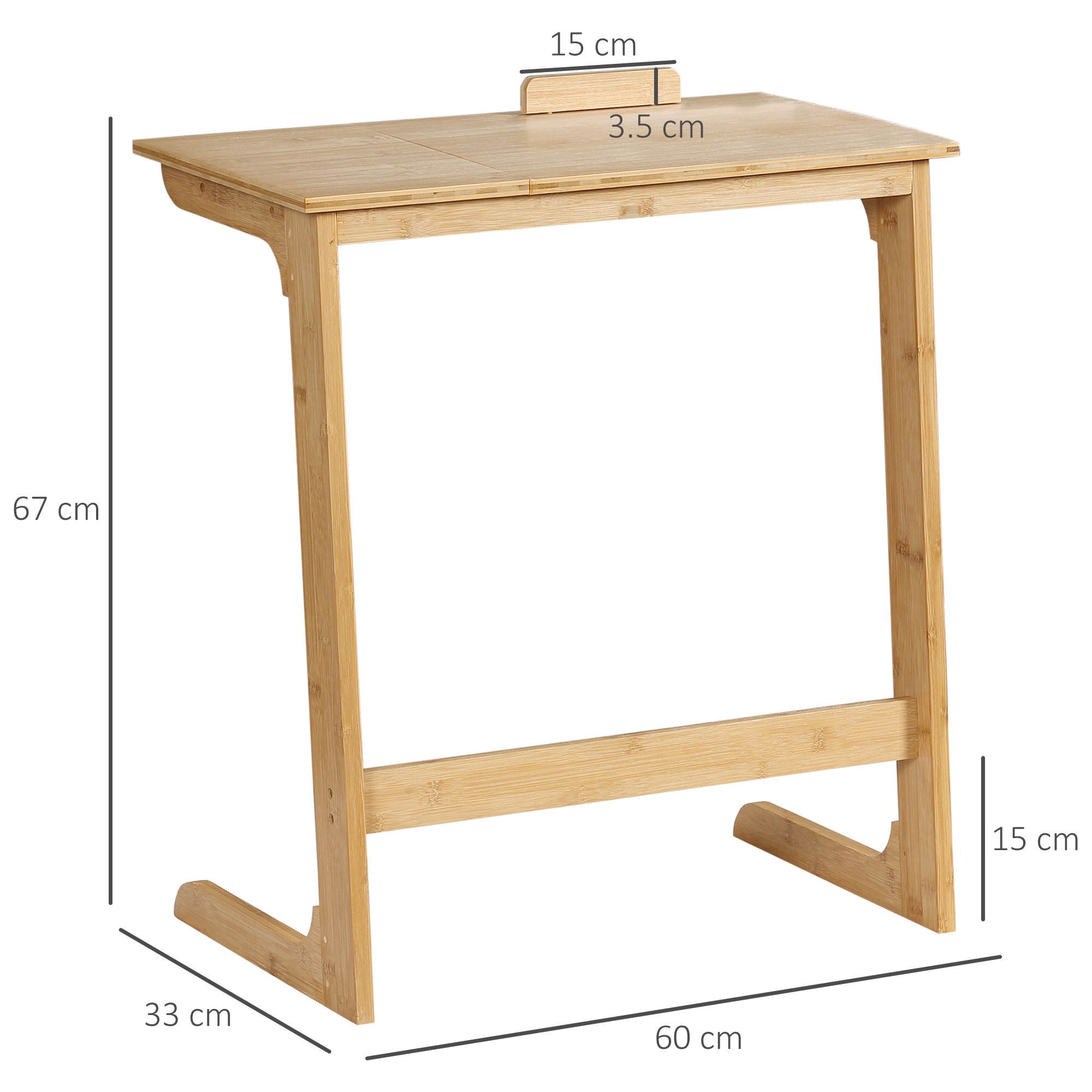 Un tavolino per laptop in bambù con dimensioni: 67 cm altezza, 60 cm lunghezza, 33 cm larghezza. Maniglia.