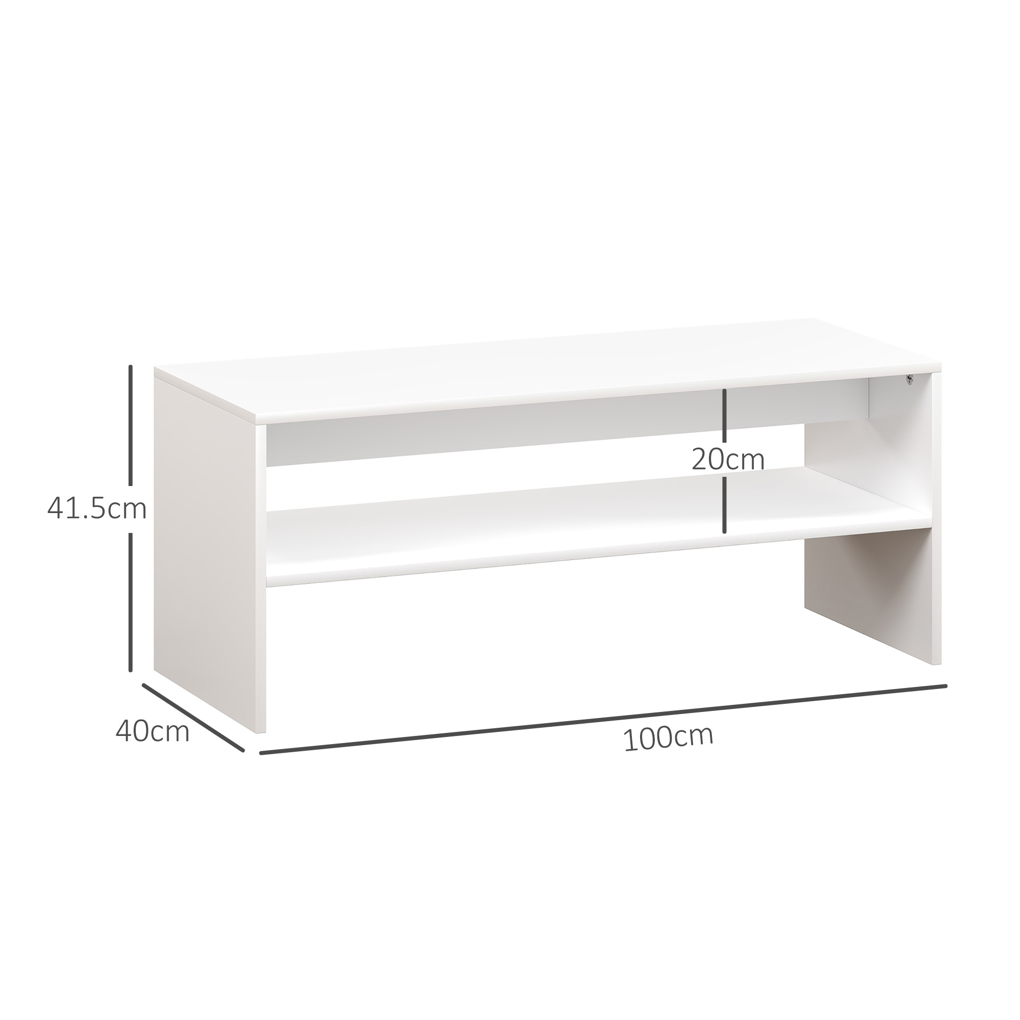 Una panca bianca con un ripiano sotto, dimensioni indicate.