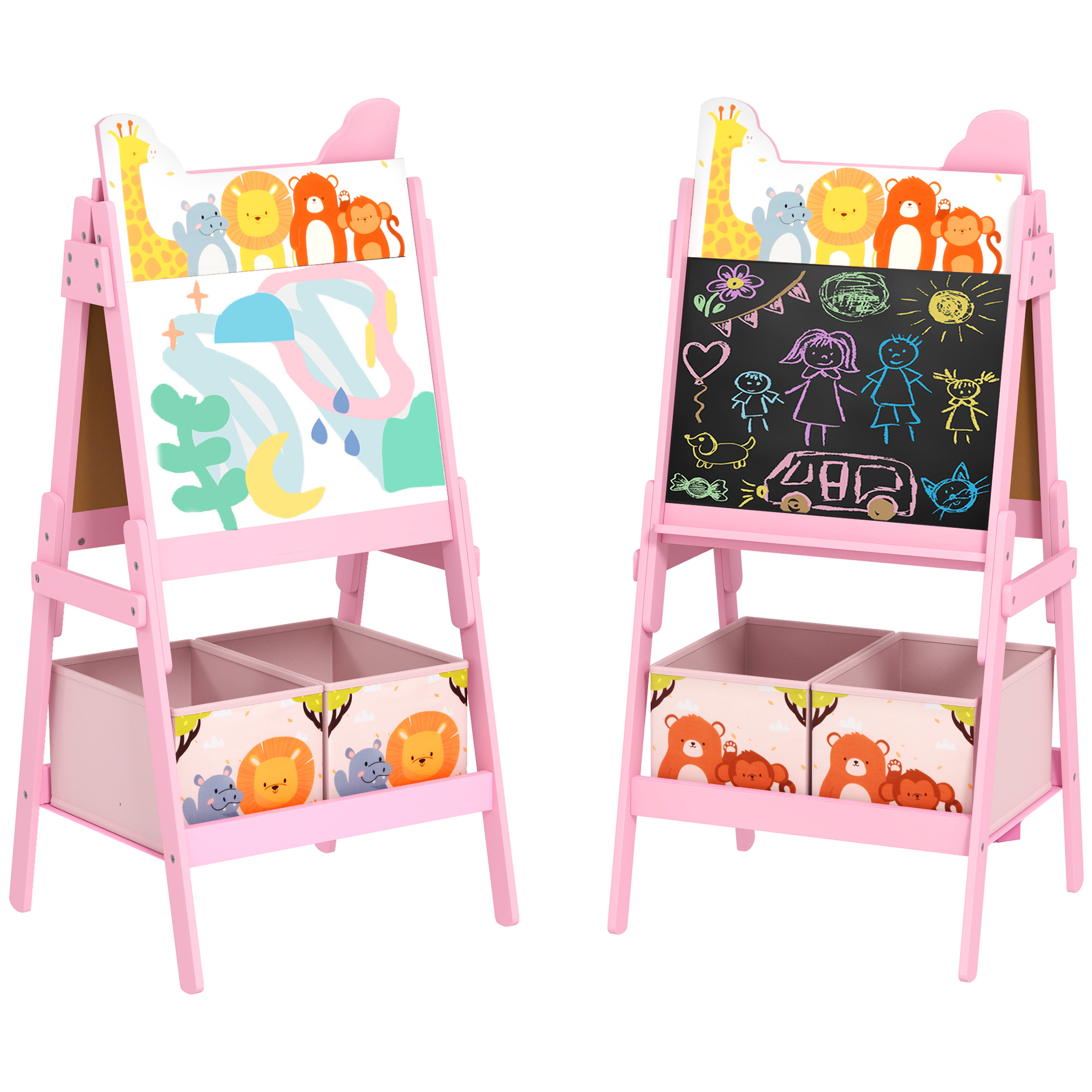 Cavalletto rosa per bambini con contenitori. Un lato ha disegni, l'altro arte. Decorazioni animali.