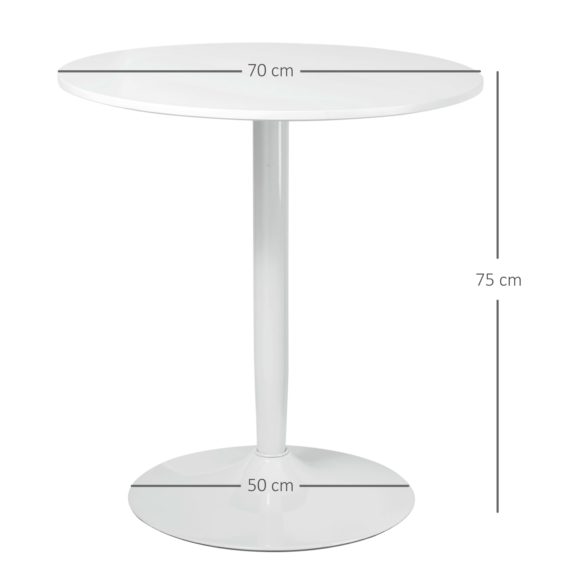 Tavolo rotondo bianco con una sola gamba. Ha piano e base bianchi. Dimensioni indicate.