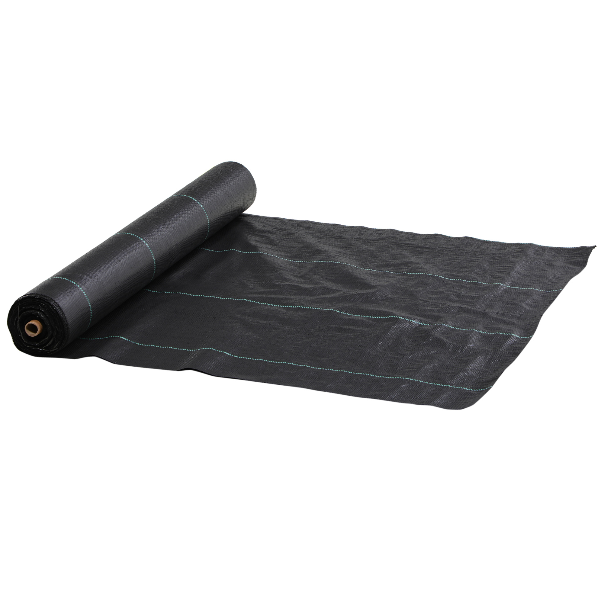 Un rotolo di tessuto paesaggistico nero con linee verdi. Tessuto srotolato su una superficie.