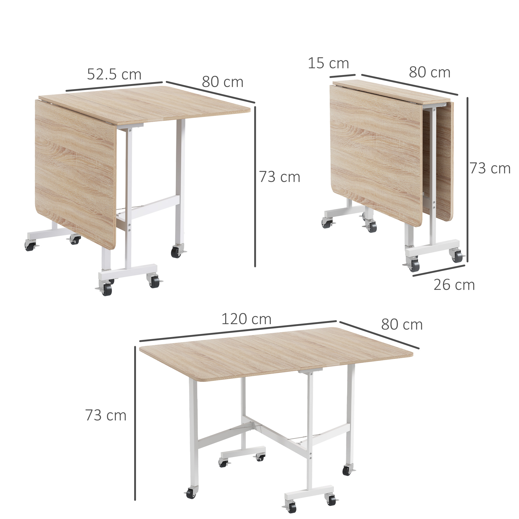 Drei klappbare Tische mit angezeigten Abmessungen, vor weißem Hintergrund.
