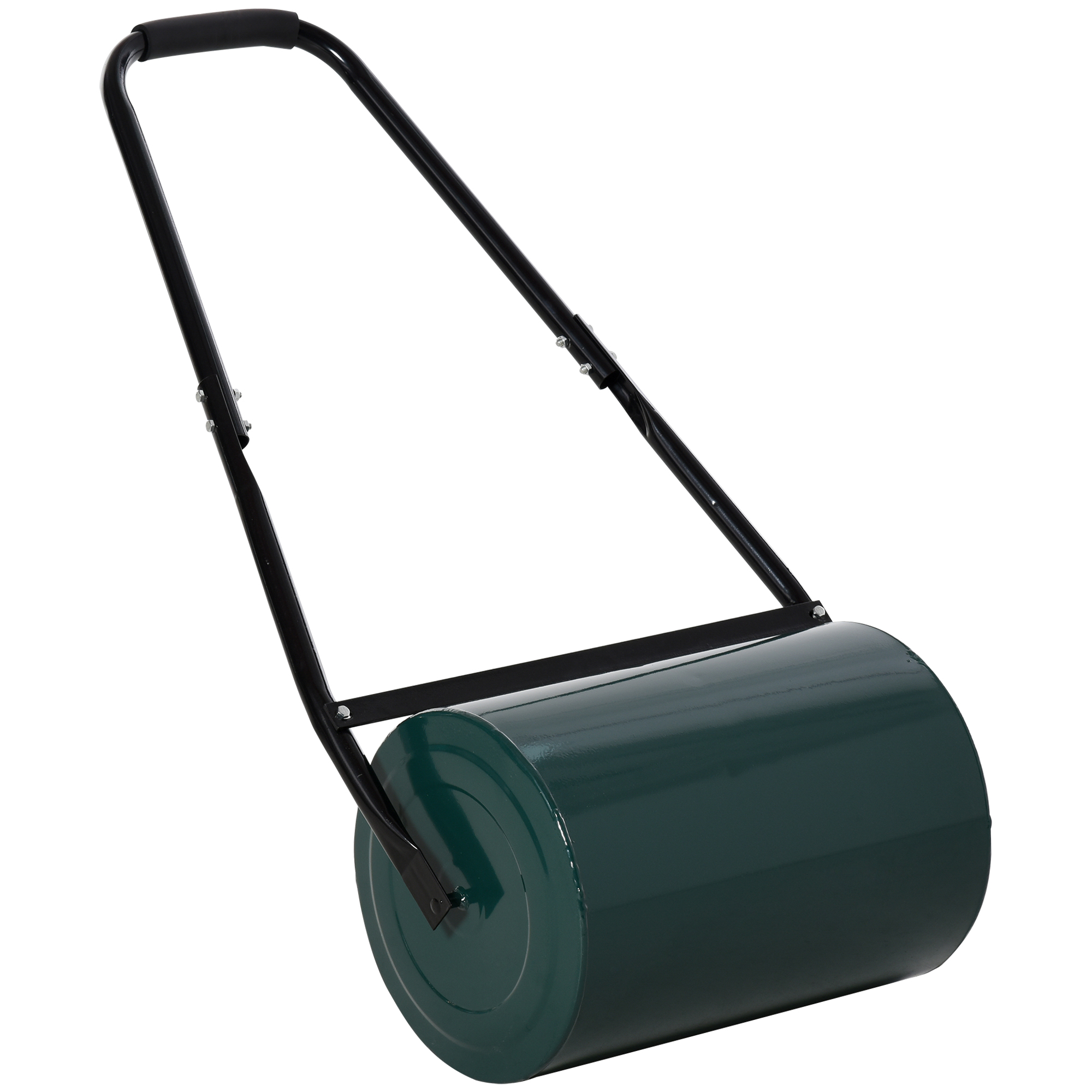 Un rullo per prato verde con un manico nero. Il rullo cilindrico è a terra, pronto per l'uso.