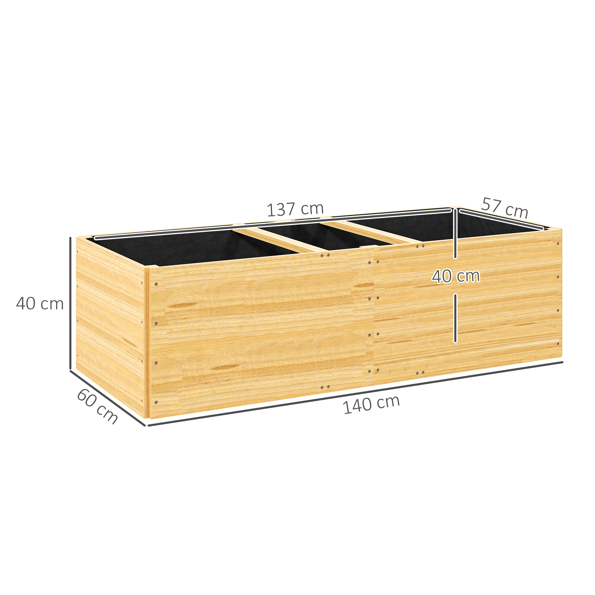Un'aiuola in legno con misure etichettate e dimensioni fornite. È vuota.