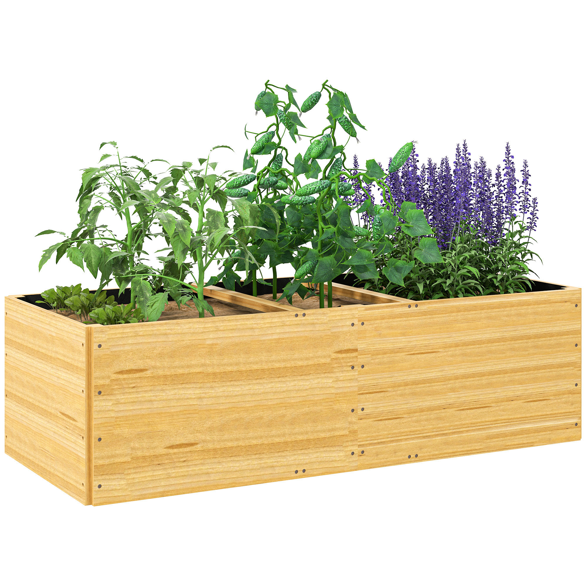 Una fioriera in legno con varie piante. Le piante includono pomodori e lavanda.