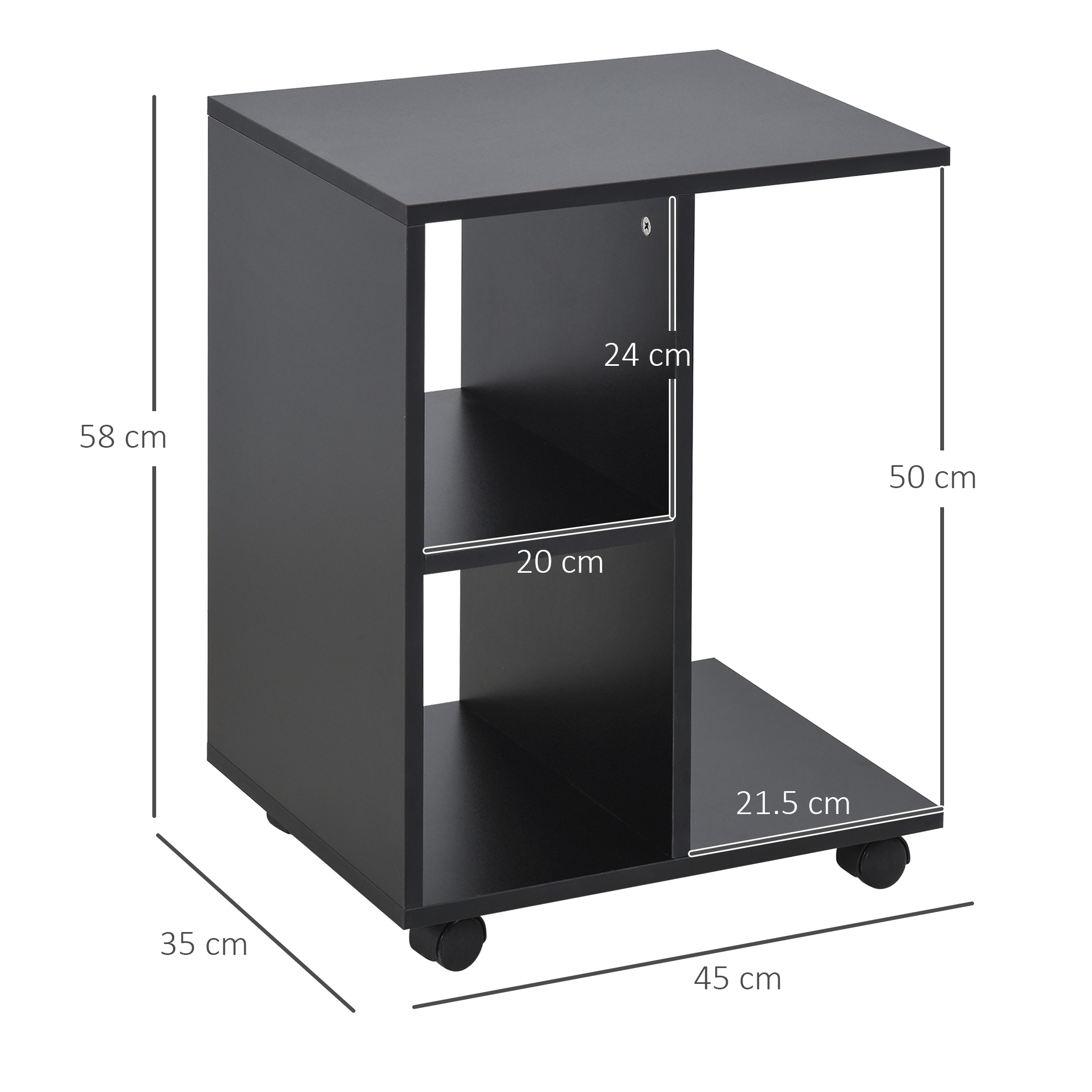 Tavolino laterale nero con ruote, due ripiani e superficie superiore. Le dimensioni sono indicate in centimetri.