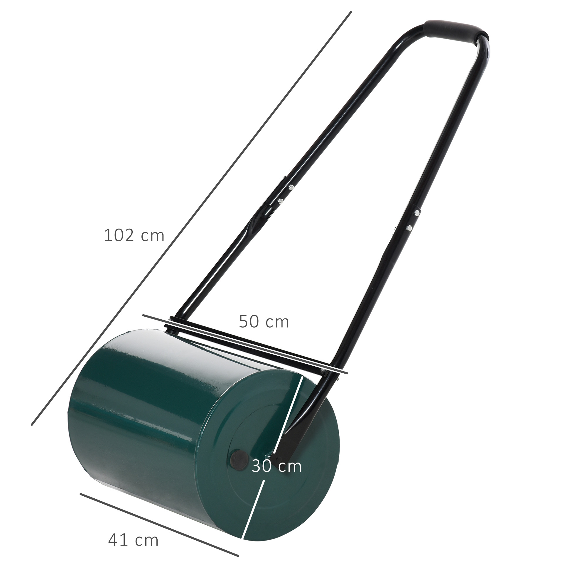 Un rullo per prato verde con manico nero, con misure.