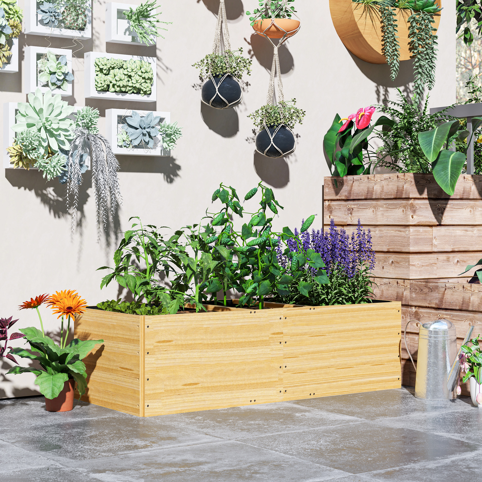 Fioriera in legno con piante e fiori. Sfondo di muro con piante succulente e altre piante.