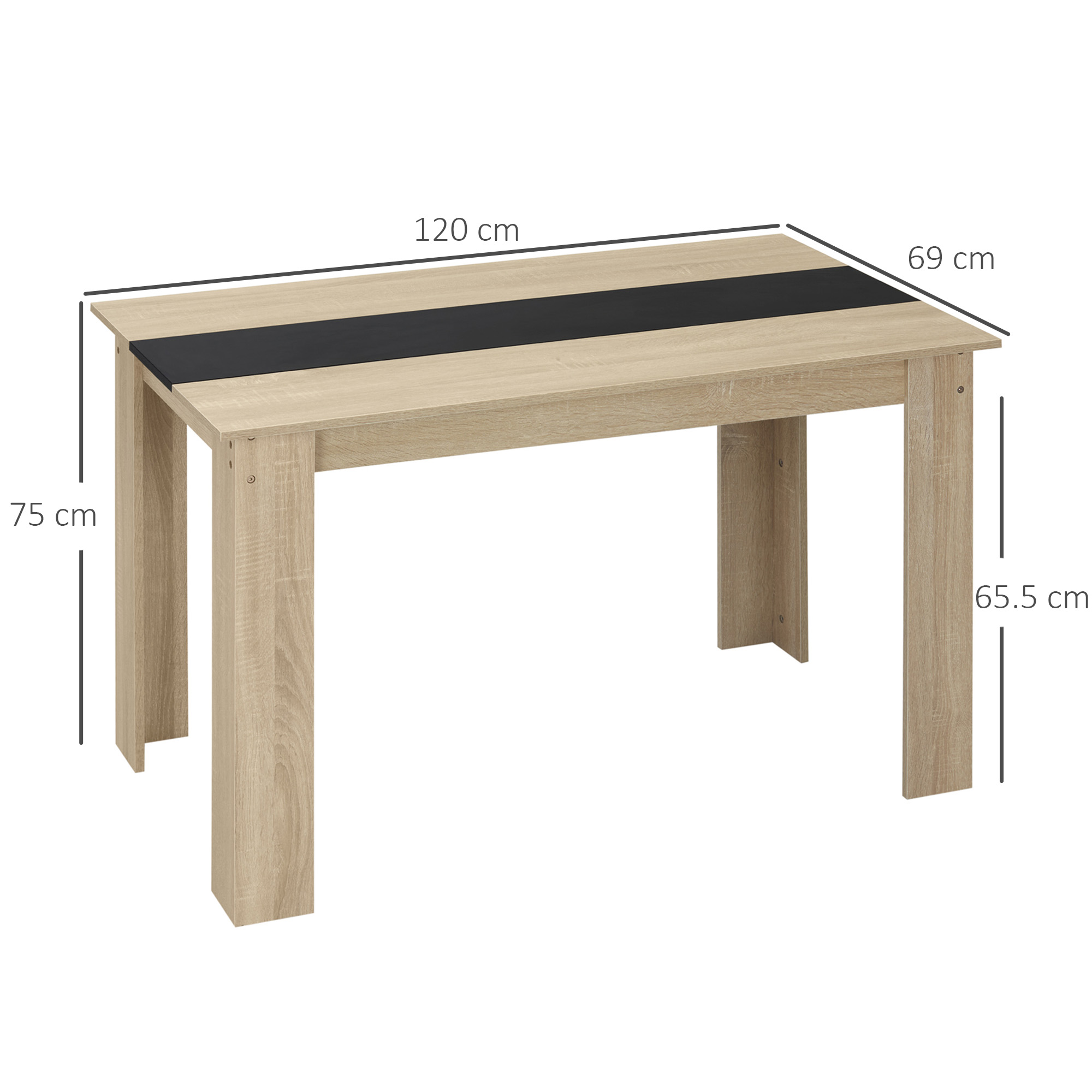 Tavolo in legno con striscia nera al centro. Sono fornite le misure.