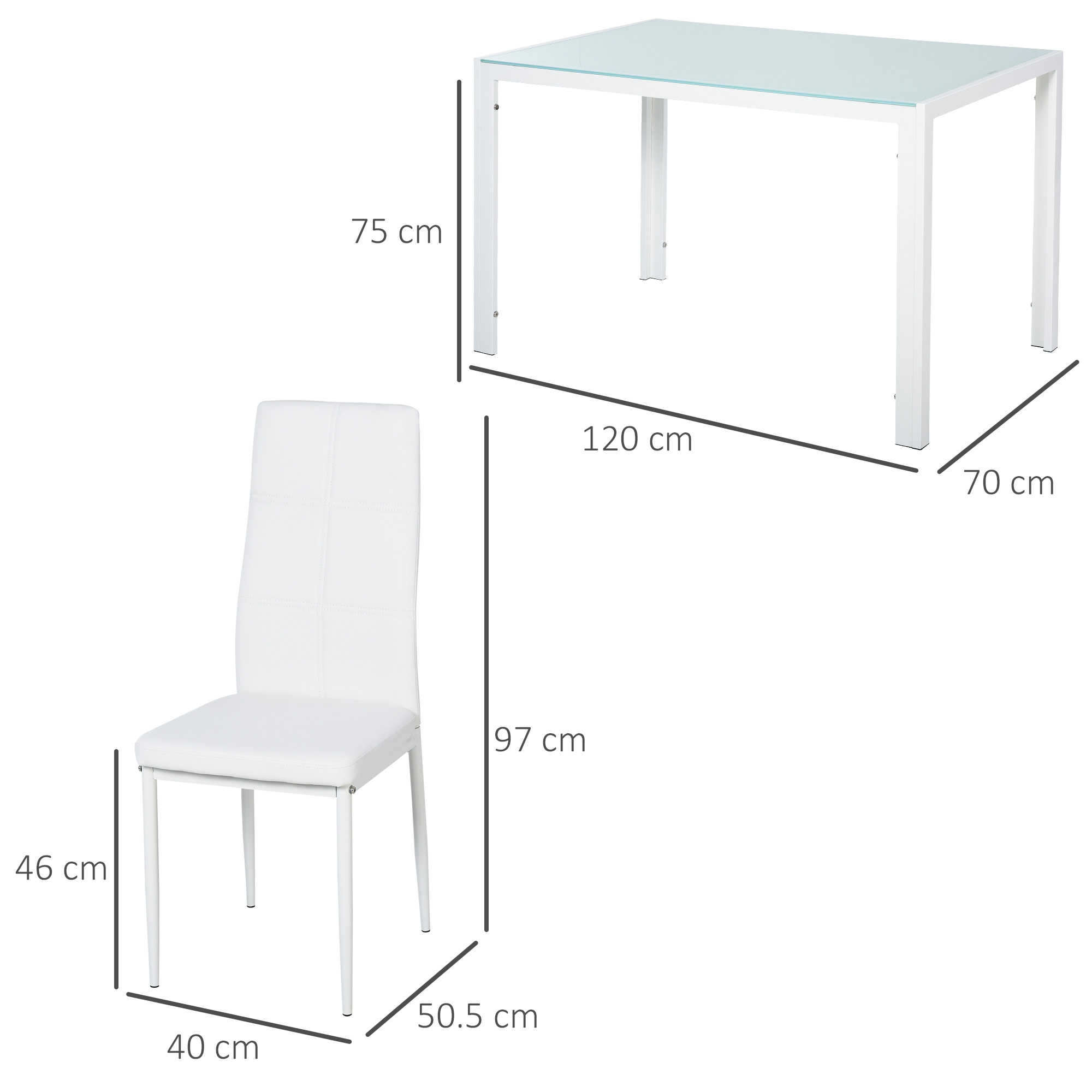 Un tavolo bianco con piano in vetro e una sedia bianca con dimensioni visibili nell'immagine.
