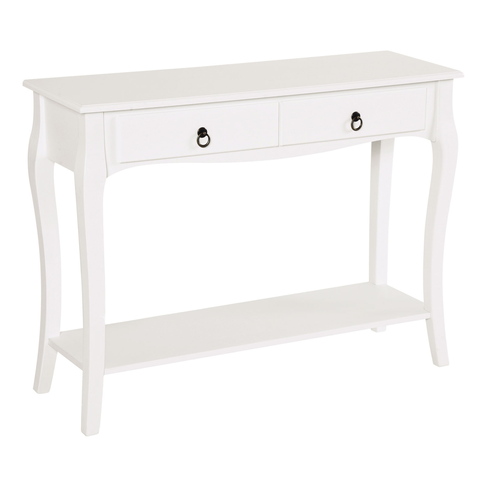 Tavolo consolle bianco con 2 cassetti e un ripiano. Sfondo bianco.