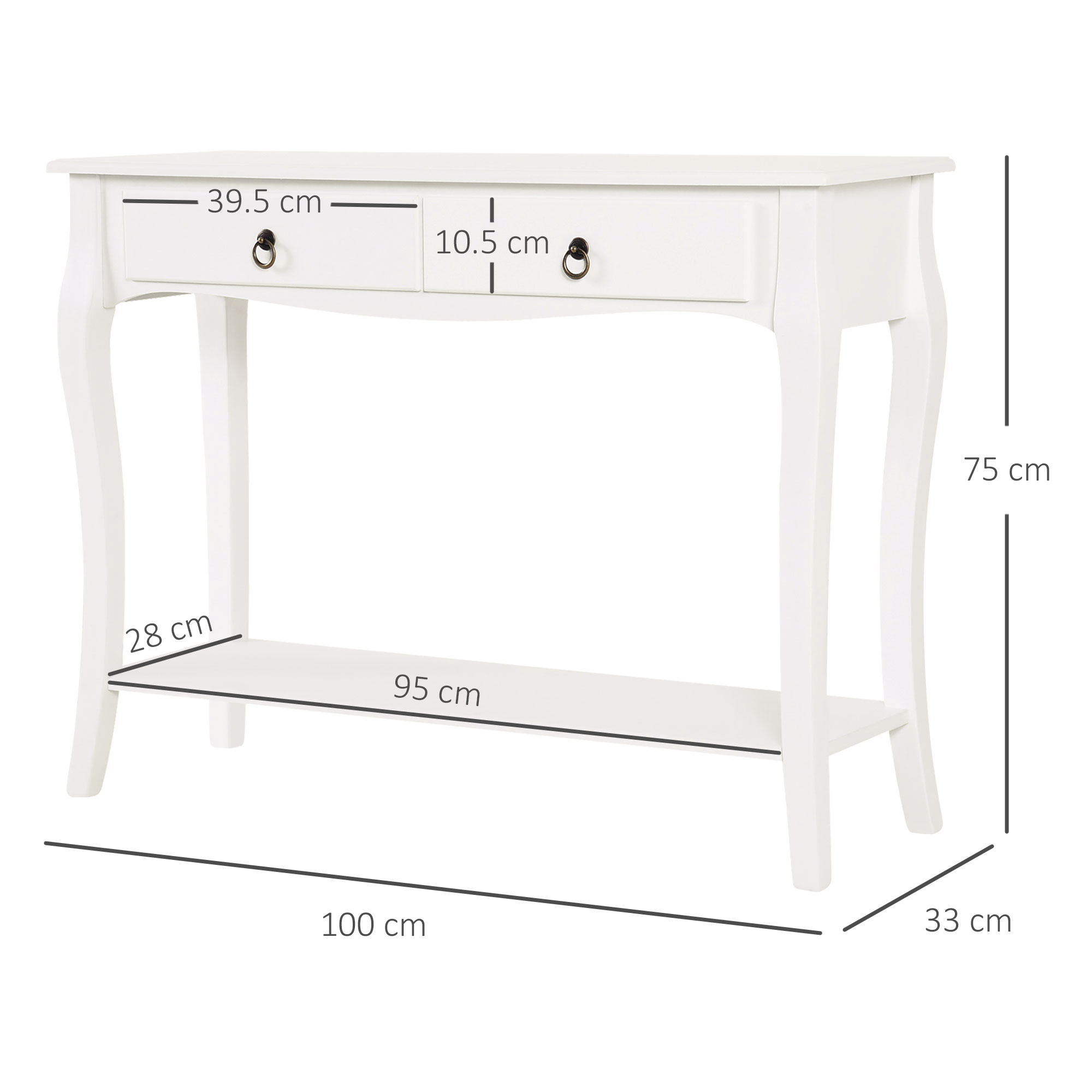 Tavolo consolle bianco con cassetti e un ripiano. Vengono fornite le misure.