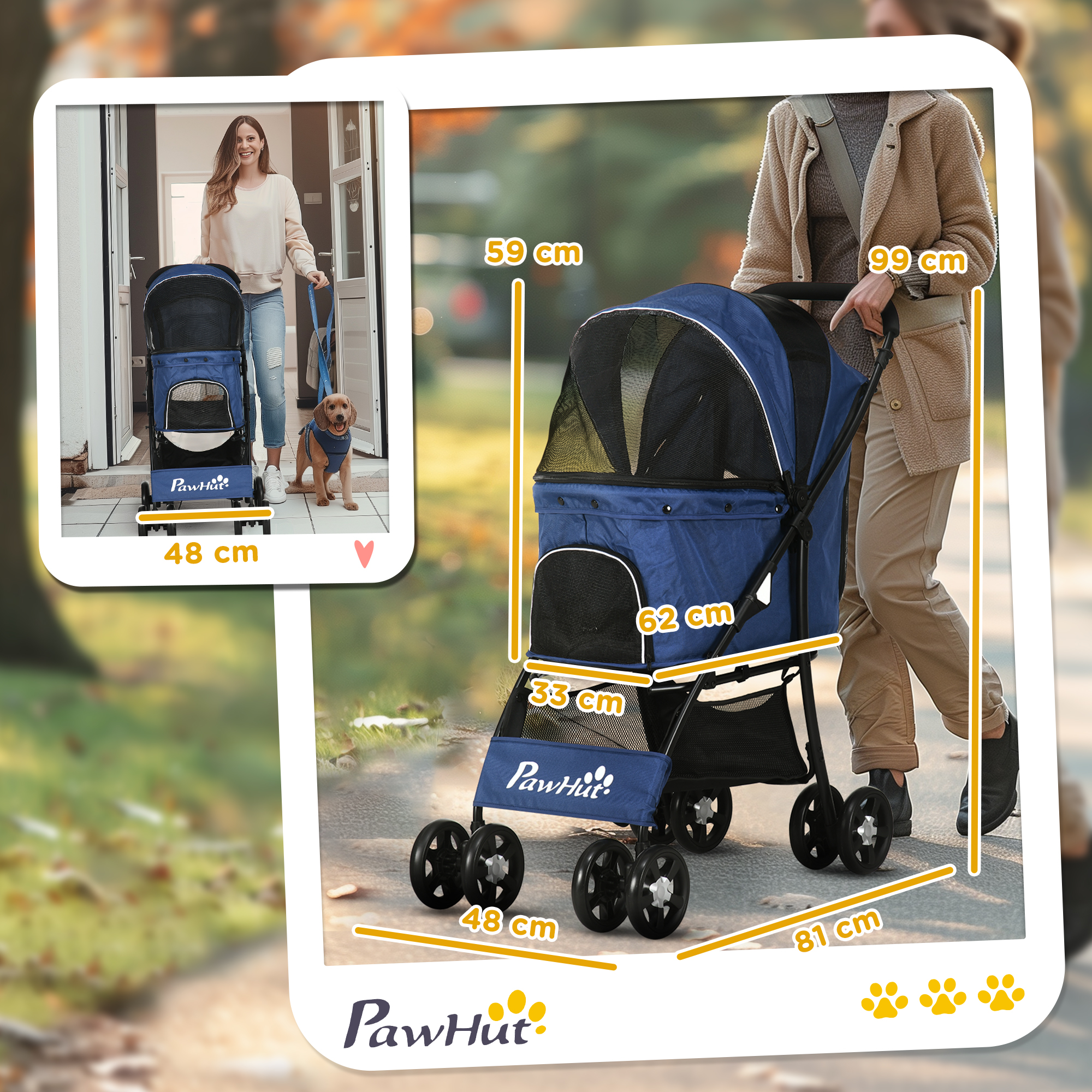 Un passeggino blu per animali domestici con dimensioni. Una donna lo spinge, con un cane al guinzaglio.