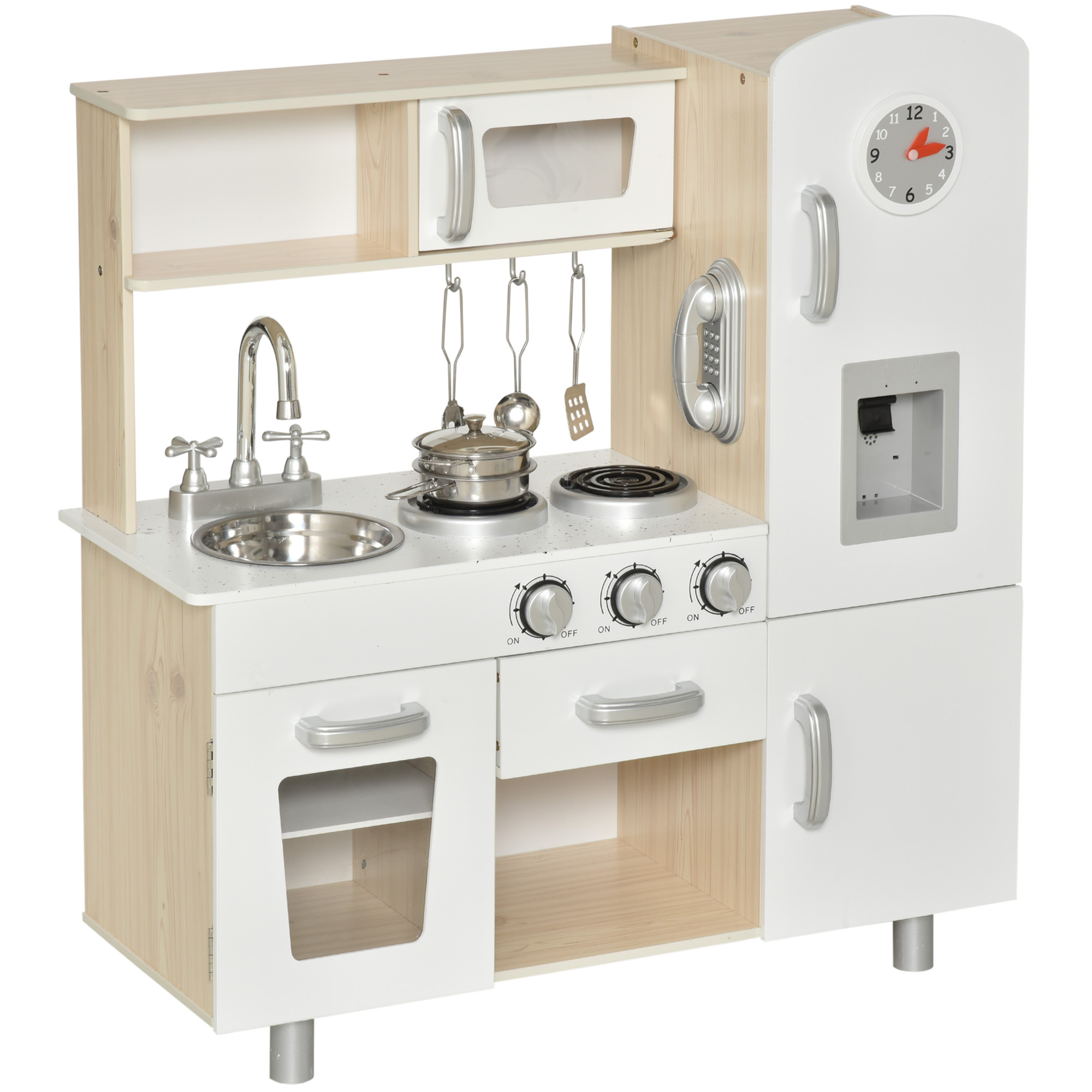 Un set da cucina giocattolo con fornelli, lavandino, microonde e frigorifero. È bianco e color legno.