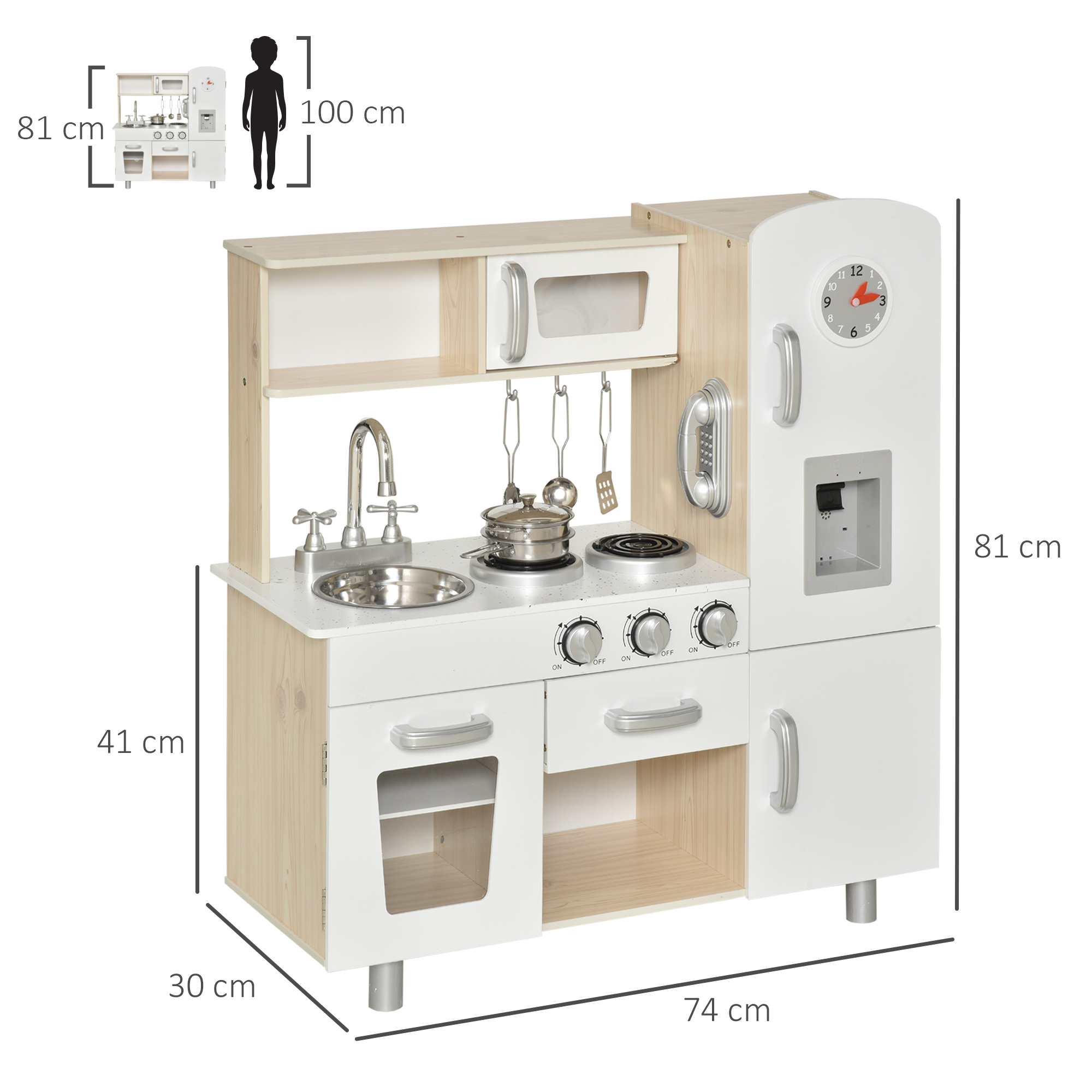 Cucina giocattolo in legno con vari accessori e dimensioni.