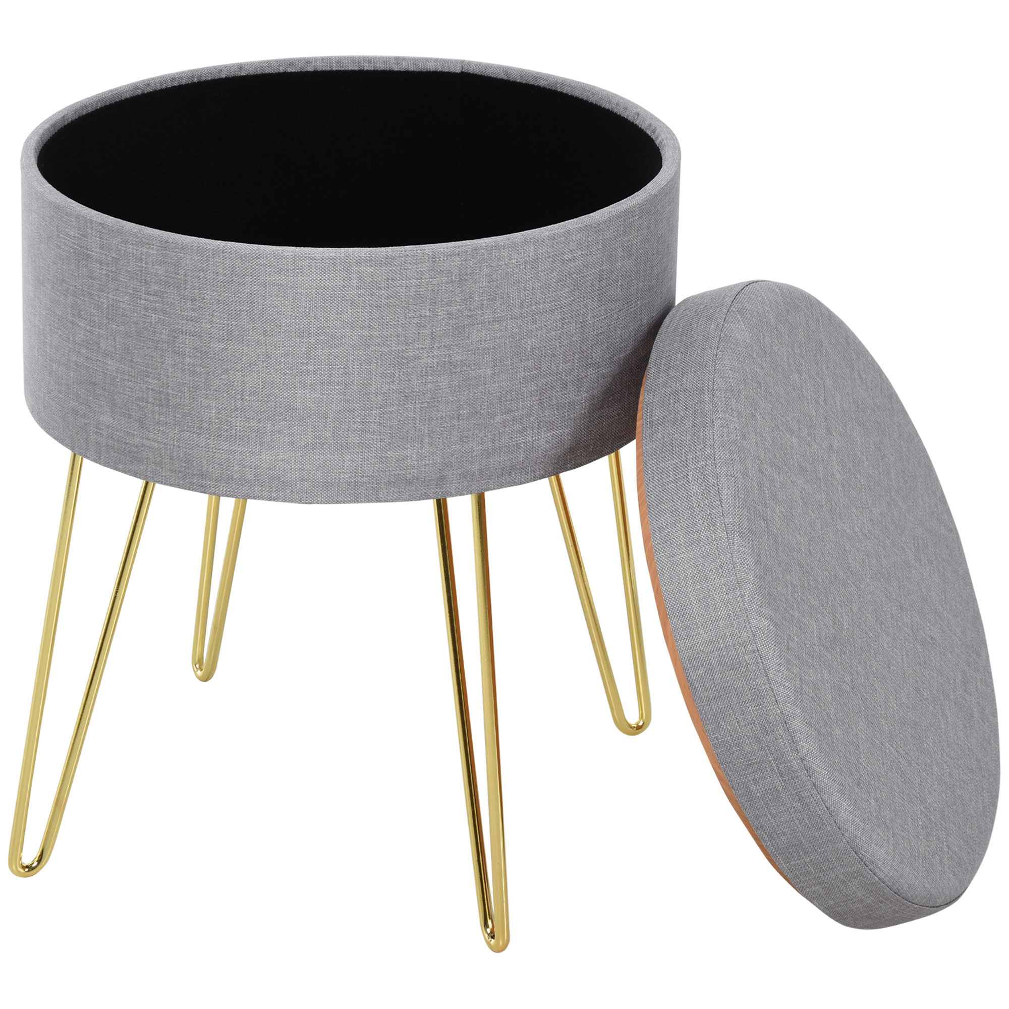Pouff grigio con gambe dorate e coperchio aperto.