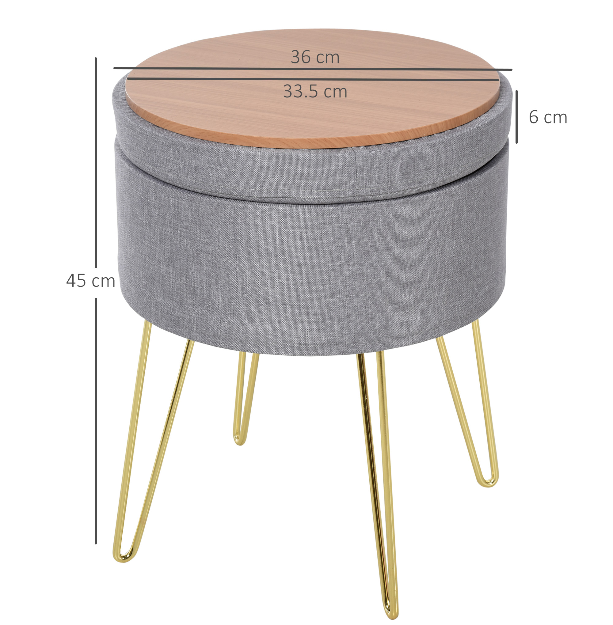 Sgabello imbottito grigio con piano in legno e gambe dorate. Dimensioni fornite.