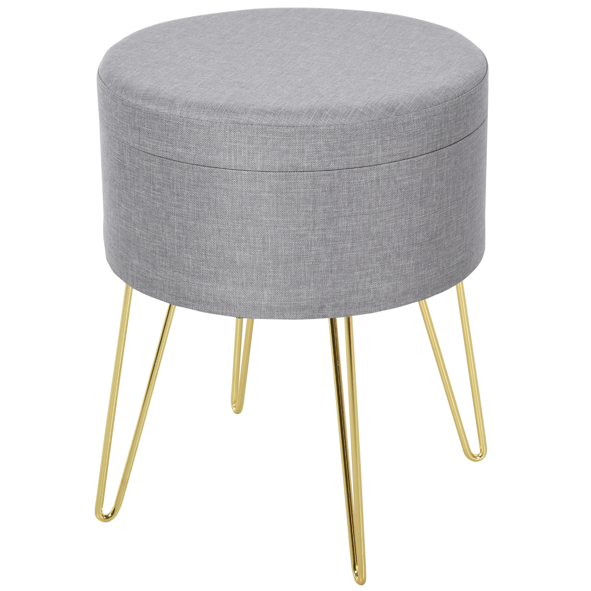 Uno sgabello in tessuto grigio con gambe color oro. È rotondo e isolato su sfondo bianco.