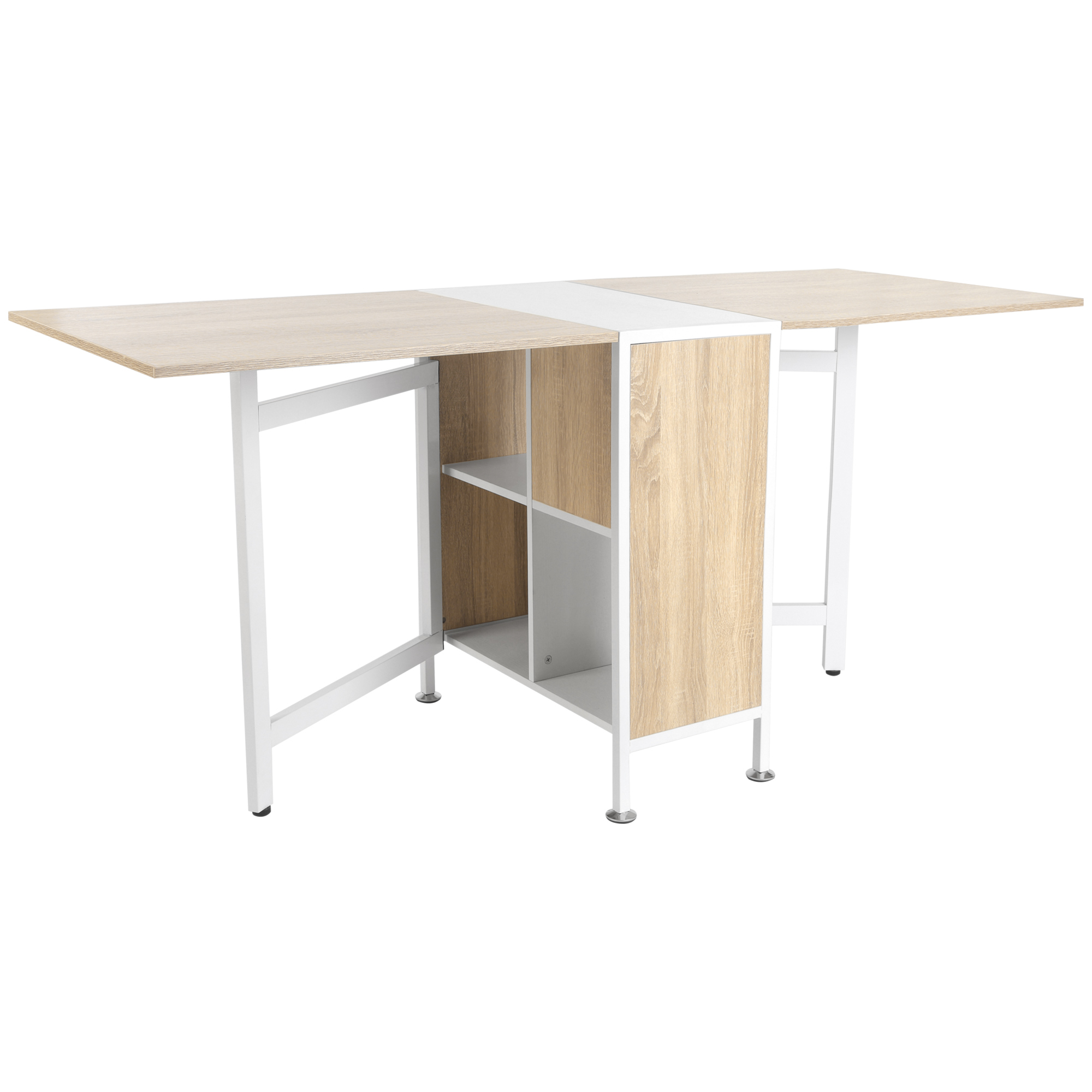 Tavolo pieghevole bianco e legno con ripiani.