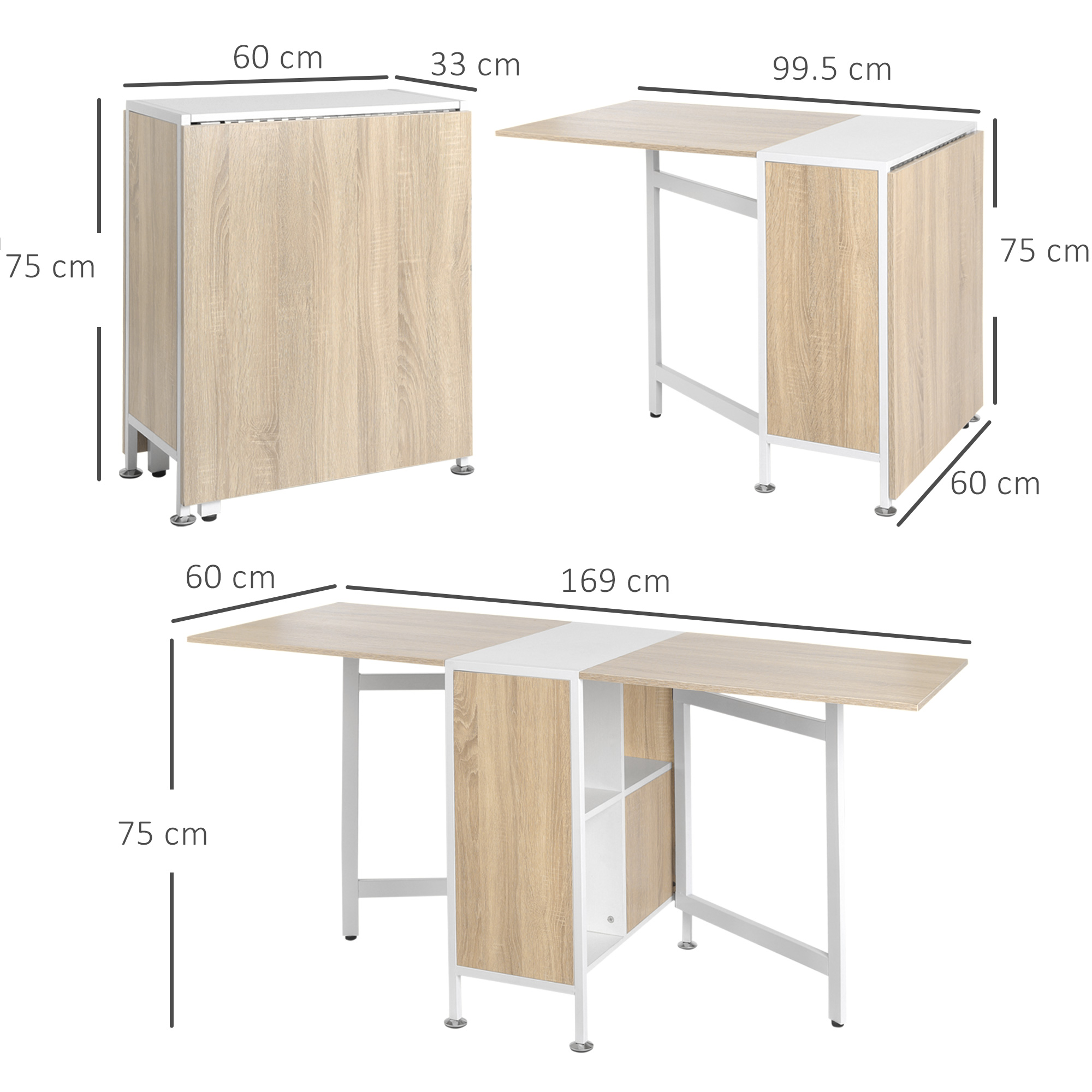 Tavolo pieghevole mostrato in tre posizioni con misure. Legno chiaro e dettagli bianchi.