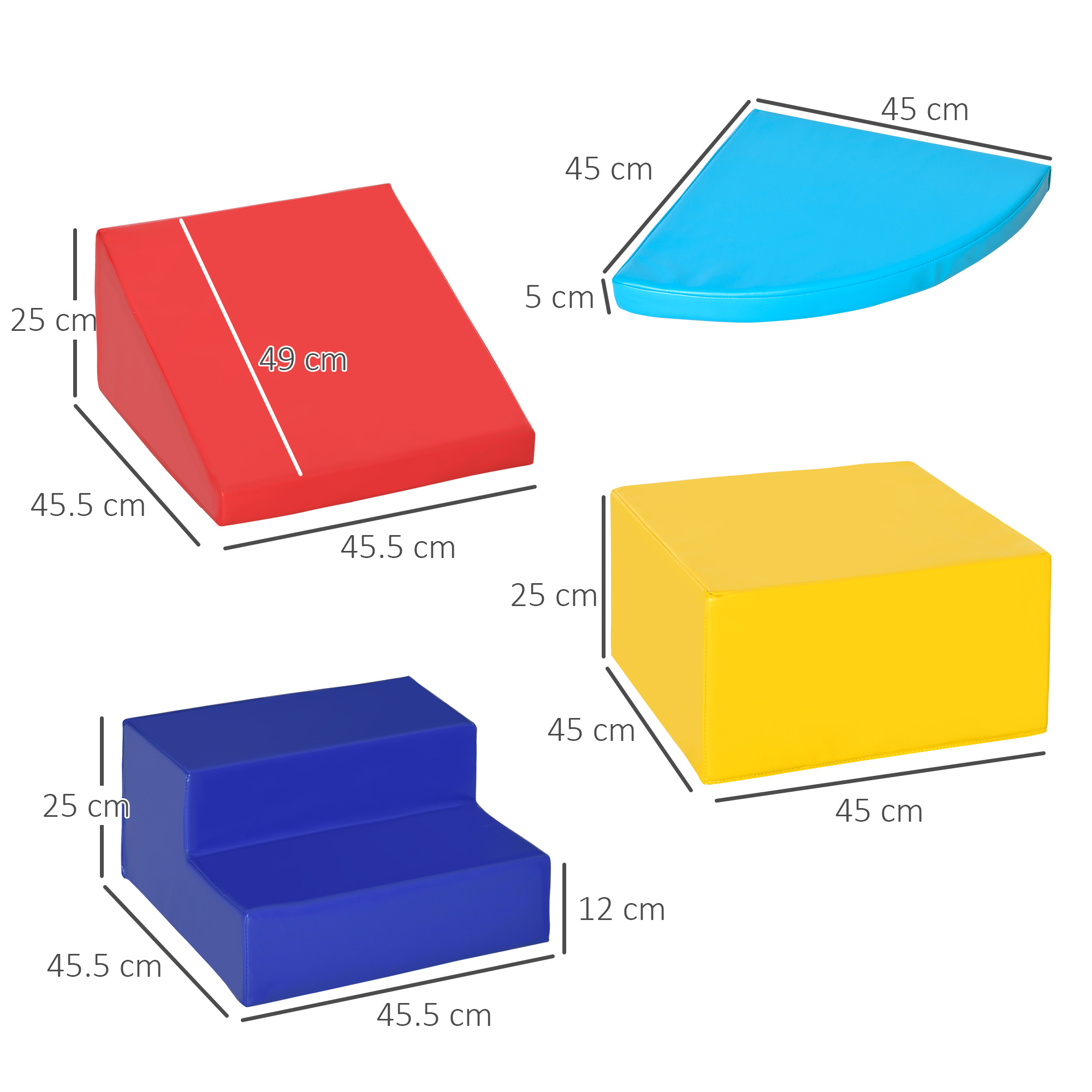 Blocchi gioco in schiuma geometrici in rosso, blu, giallo e blu. Le dimensioni sono fornite.