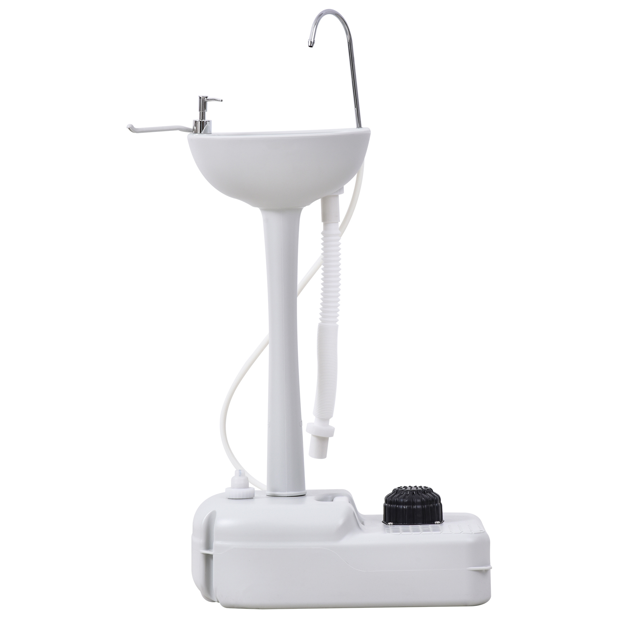Un lavandino portatile bianco con un rubinetto. Ha una base per il serbatoio dell'acqua e un tappo nero.